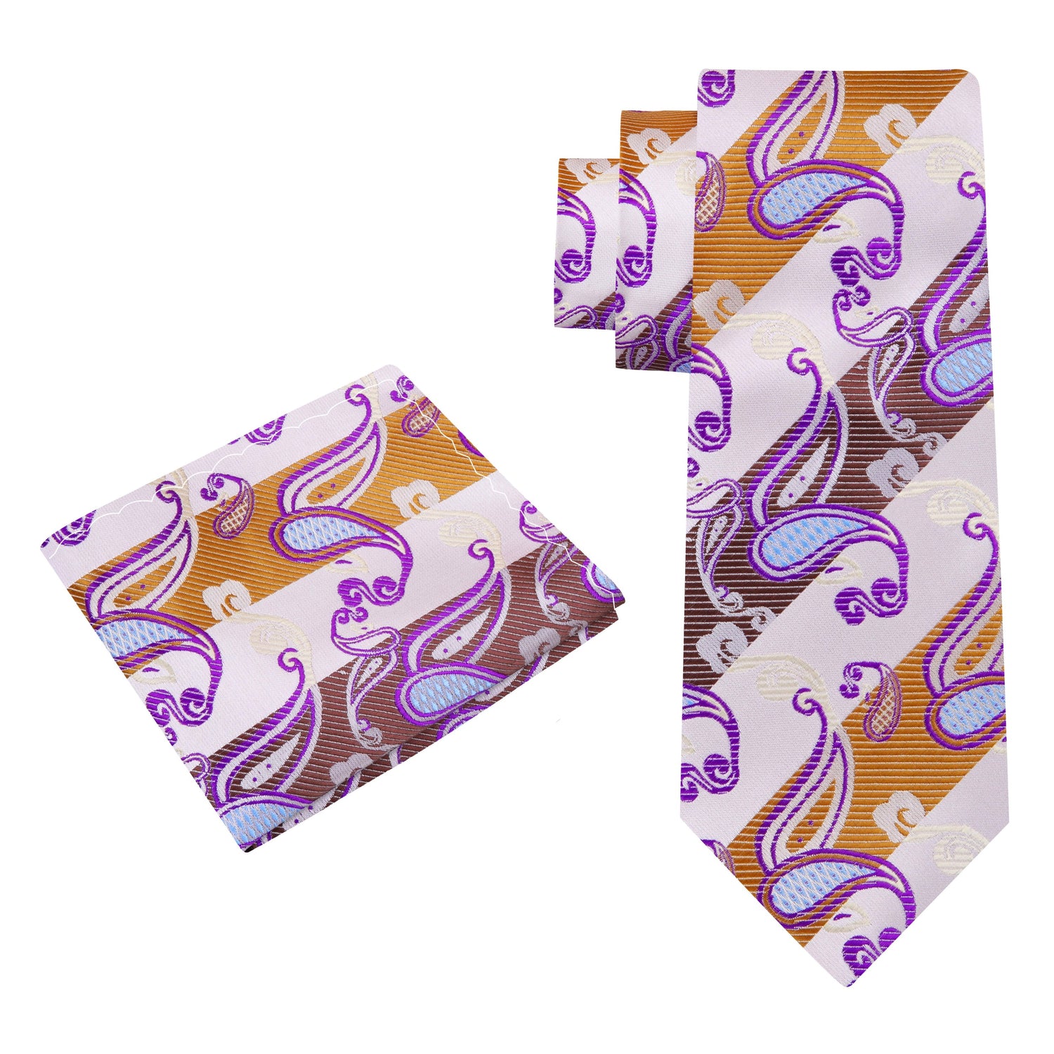 Alt View: An Ivory, Light Blue, Purple Paisley Pattern Silk Necktie, Matching Pocket Square