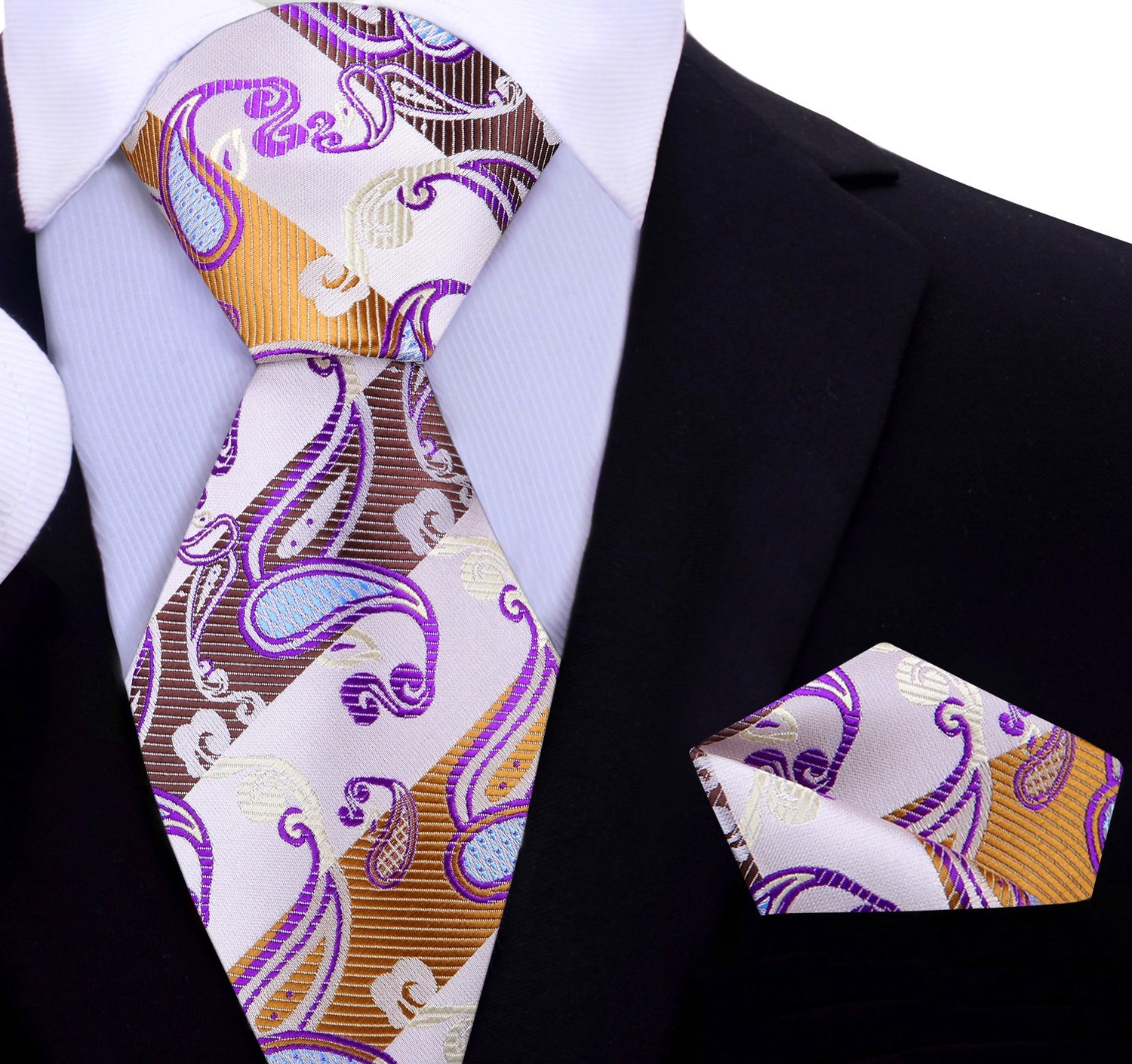 An Ivory, Light Blue, Purple Paisley Pattern Silk Necktie, Matching Pocket Square