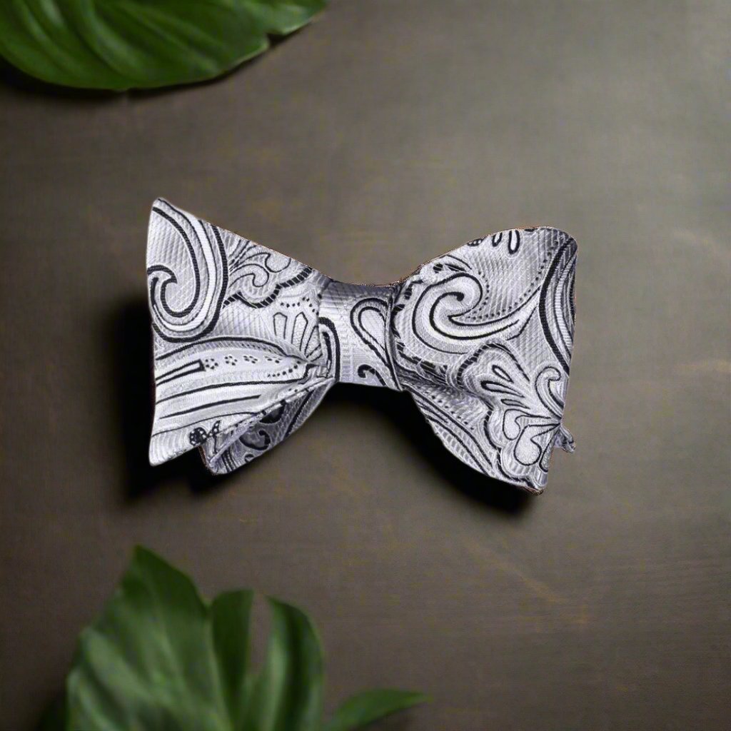 Light Grey, Black Paisley Bow Tie 