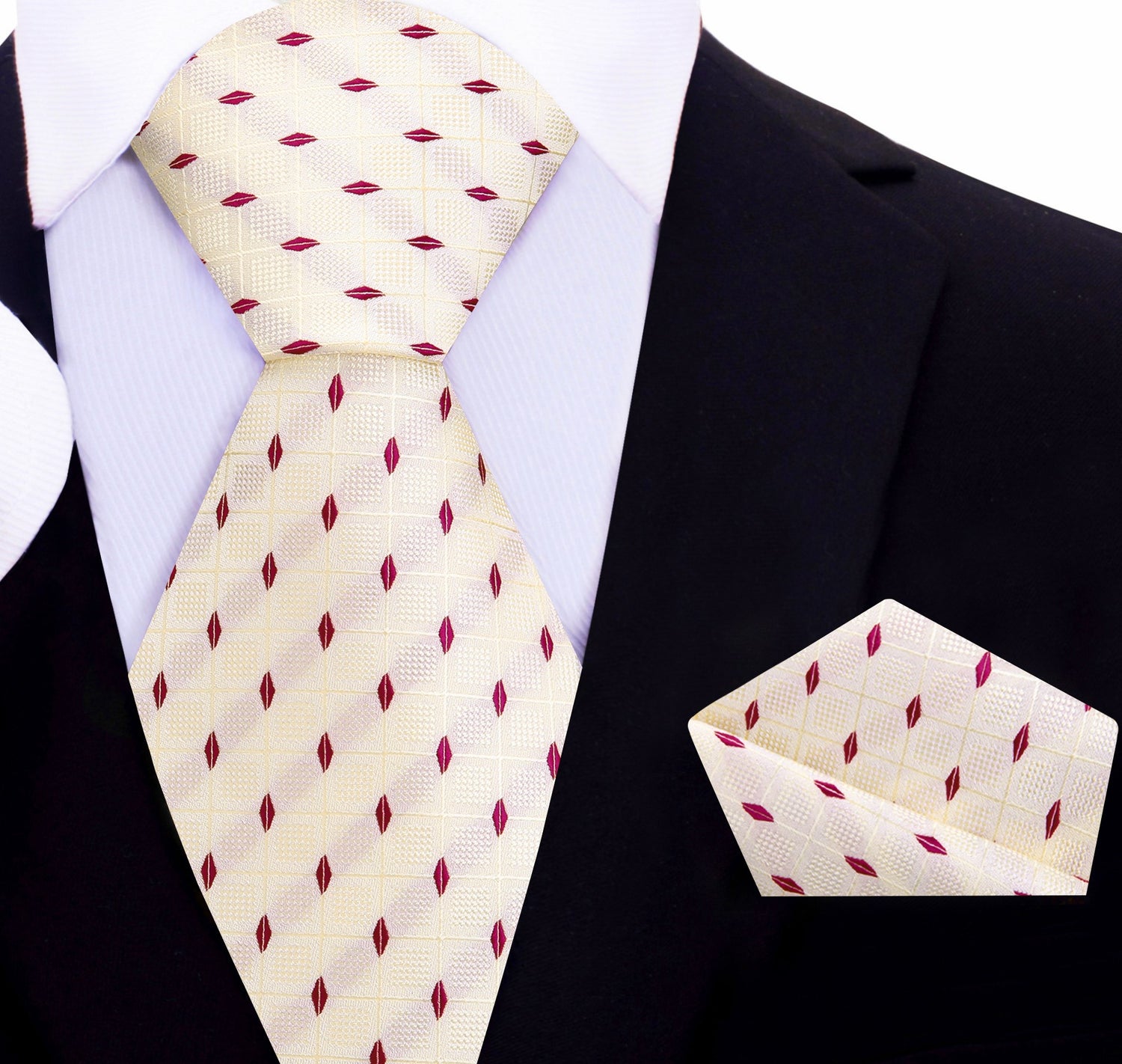 Ivory and Crimson Geometric Tie and Pocket Square