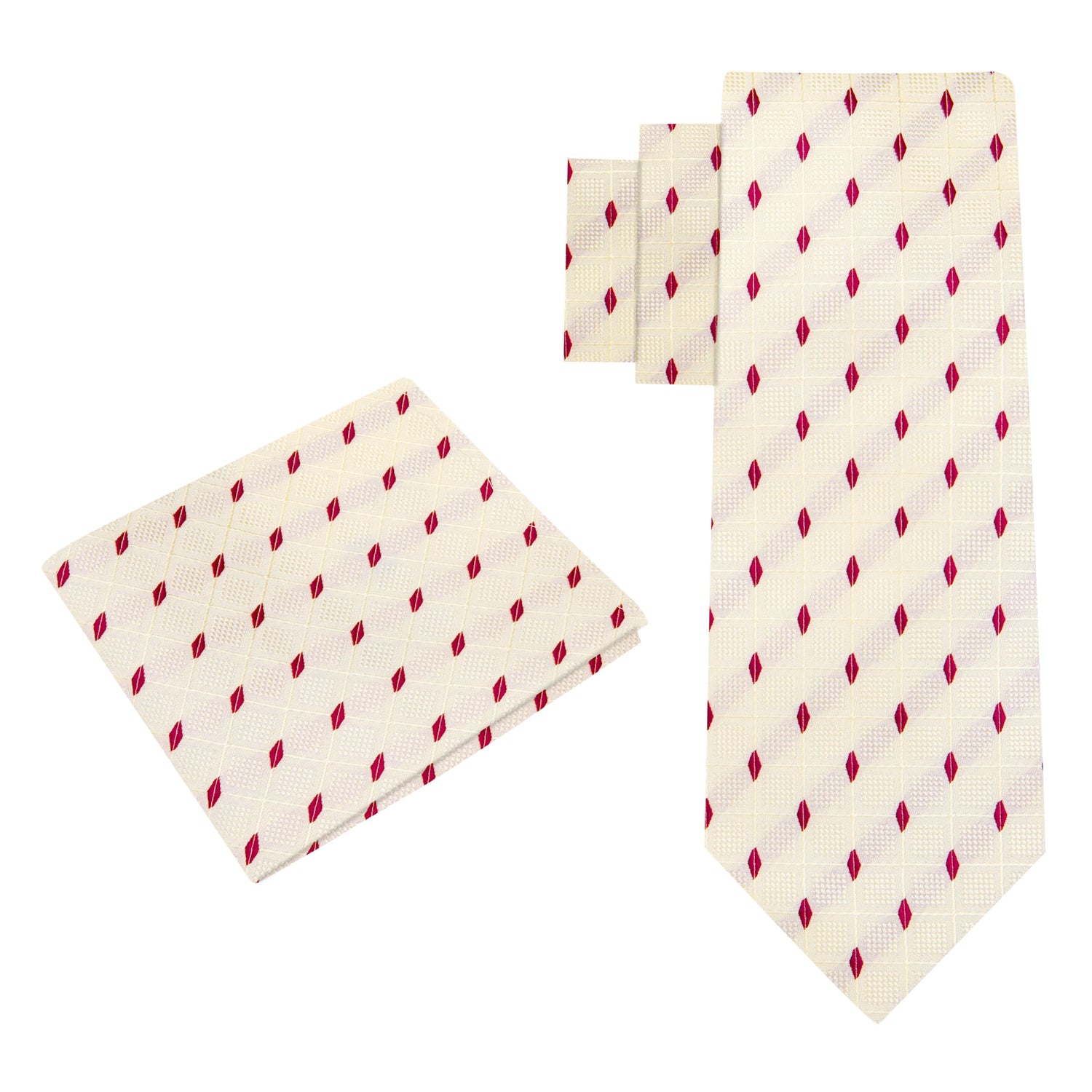 Alt View: Ivory and Crimson Geometric Tie and Pocket Square