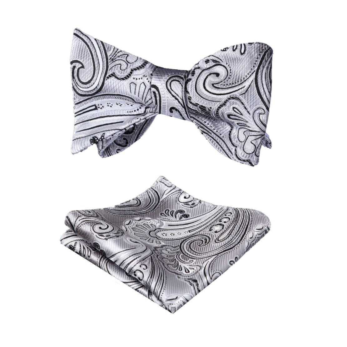 A Light Grey, Black Paisley Pattern Silk Pre Tied Bow Tie, Matching Pocket Square