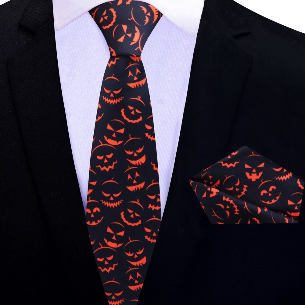 Thin Tie: Black, Orange Jack-O-Lantern Tie and Square