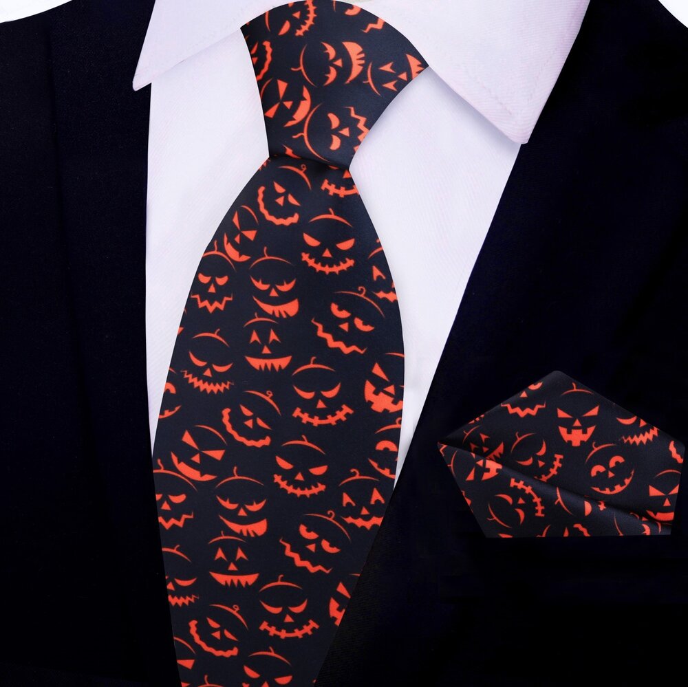 Black, Orange Jack-O-Lantern Tie and Square