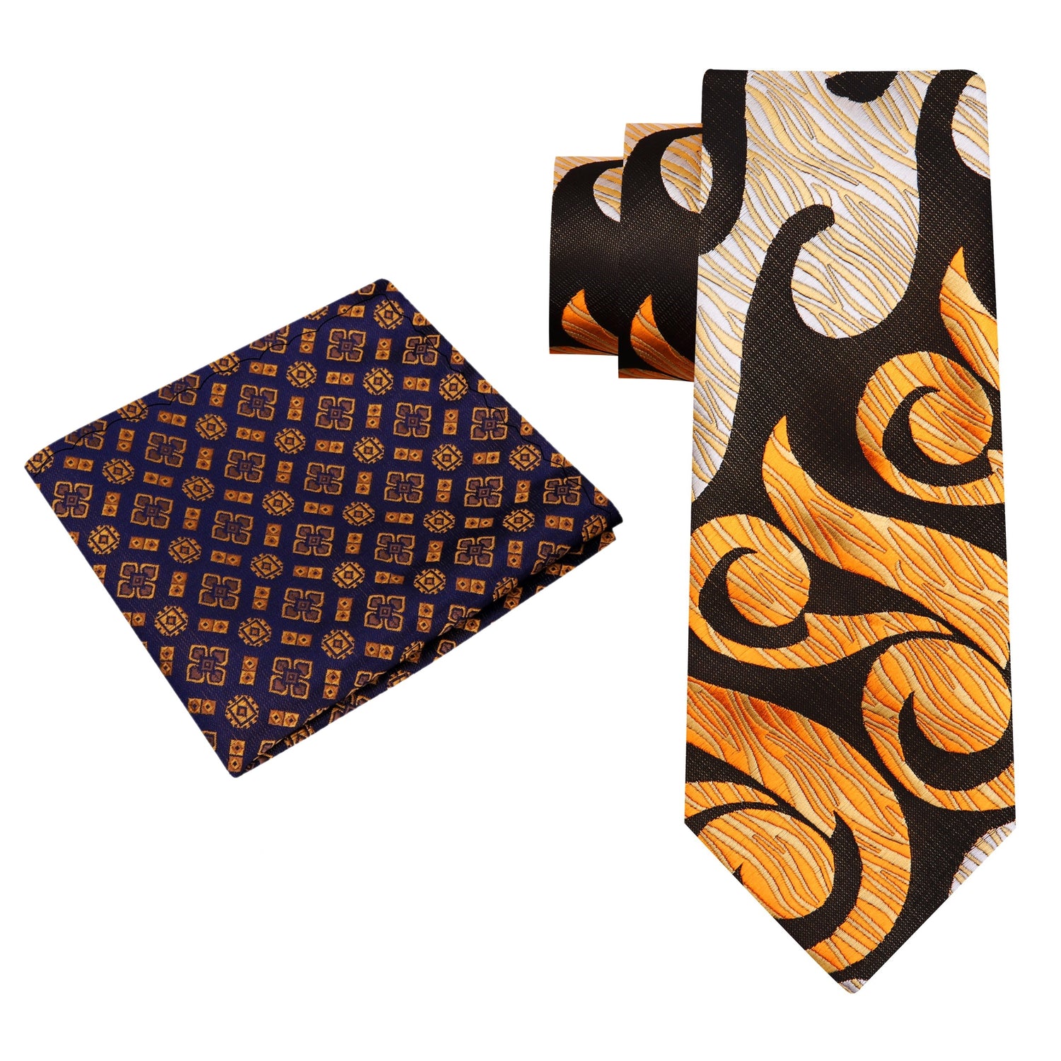 Alt View: A Tan, Dark Brown, Gold Abstract Swirl Pattern Silk Necktie, Accenting Pocket Square