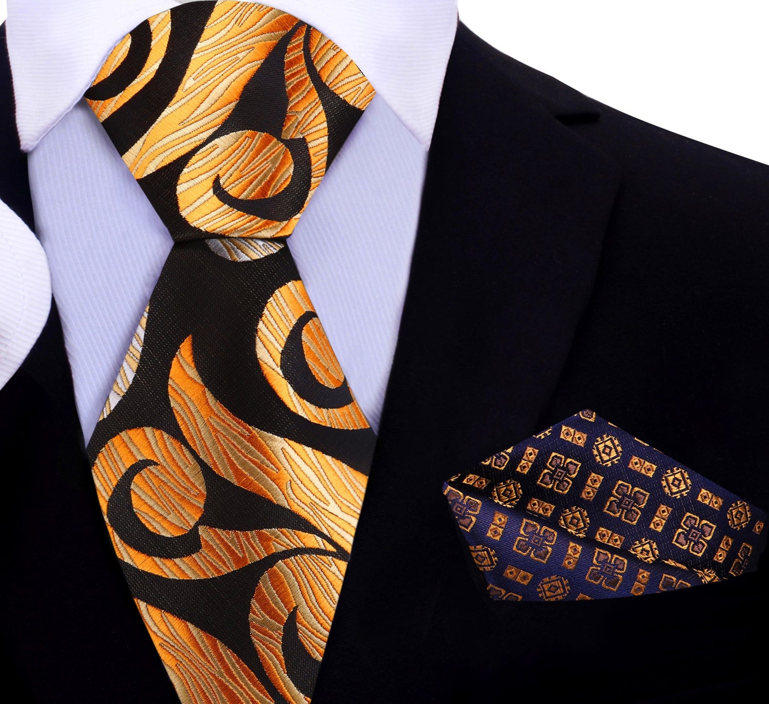 A Tan, Dark Brown, Gold Abstract Swirl Pattern Silk Necktie, Accenting Pocket Square