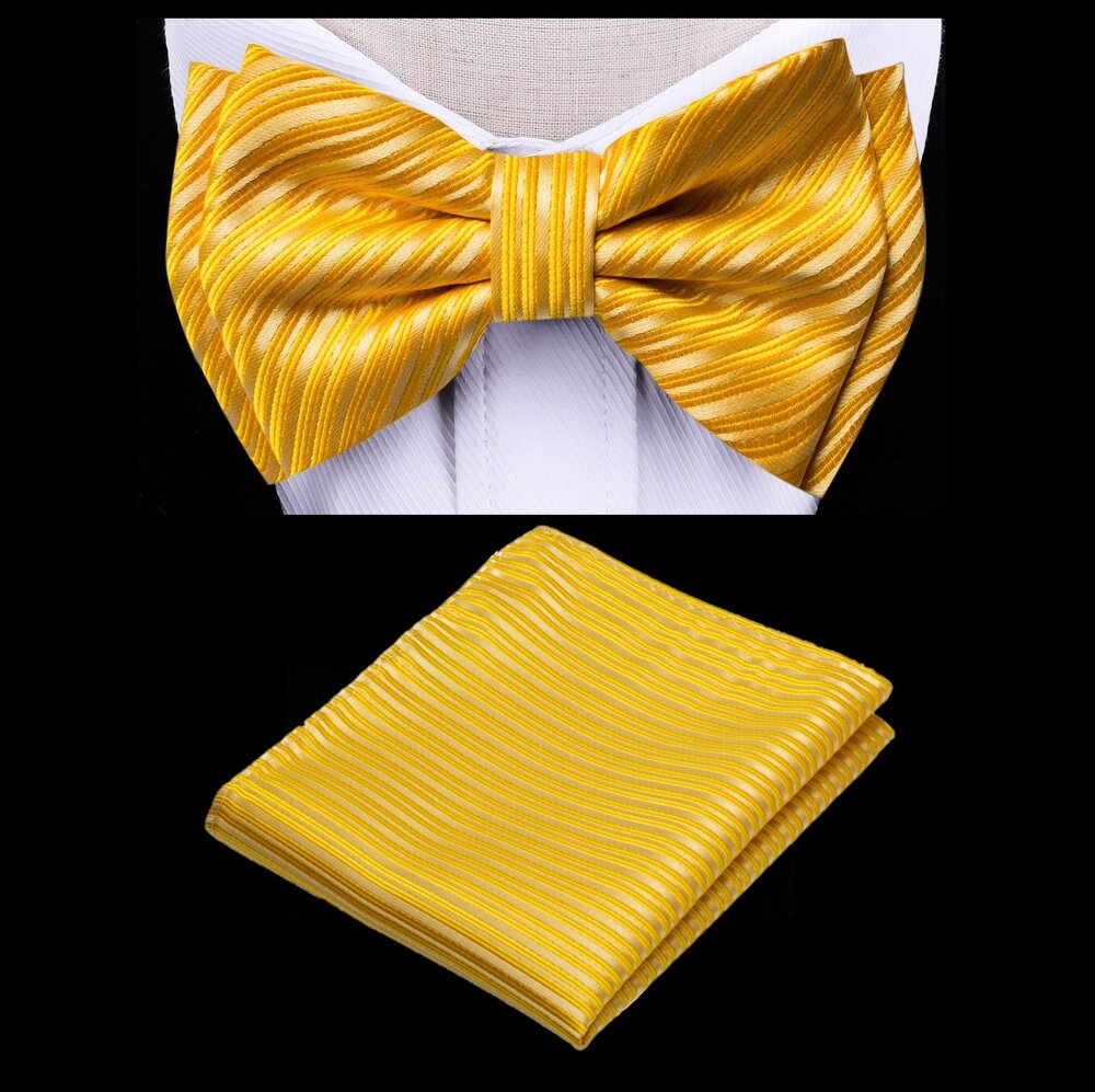 A Yellow Color With Stripe Pattern Silk Kids Pre-Tied Bow Tie, Matching Pocket Square