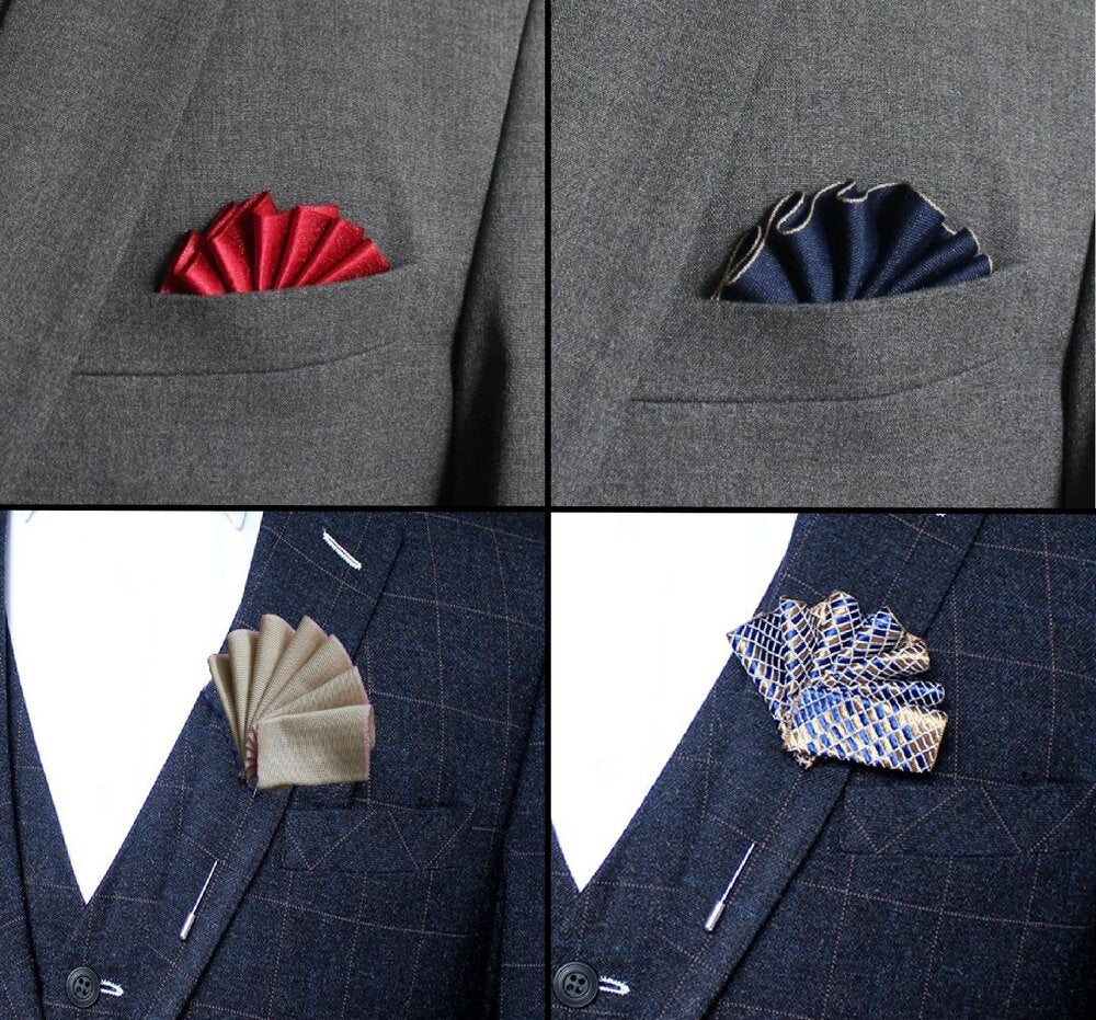 An Image Showing various examples of the pocket square pocket square lapel pin 
