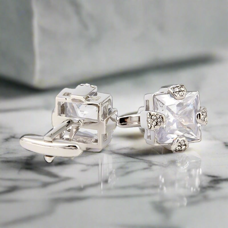 Silver Color and Clear Stone Square Cuff-links||Chrome with Clear Stone