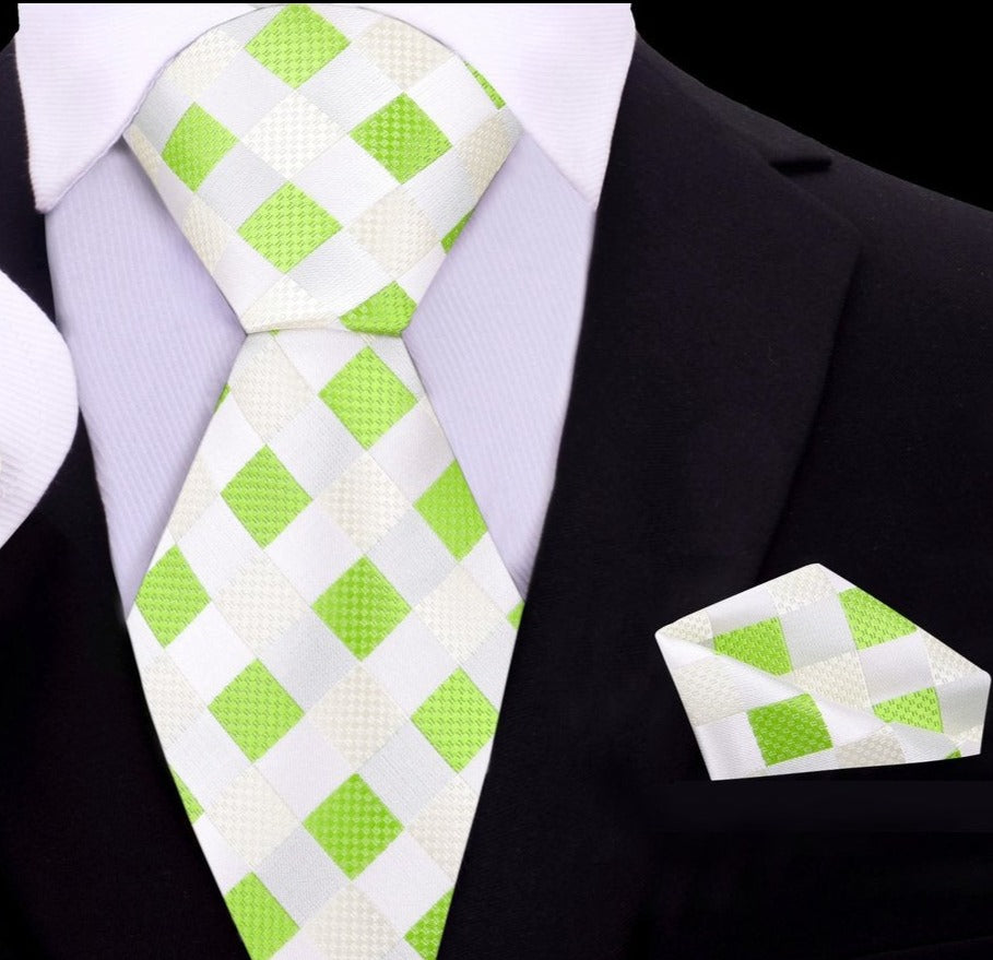 A Lime, Light Green Check Pattern Silk Necktie, Matching Pocket Square  