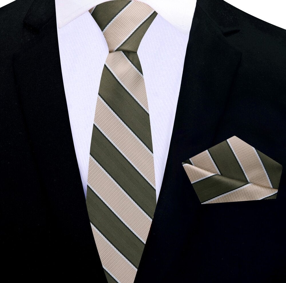 Sage Green, Light Brown Block Stripe Thin Tie and Square