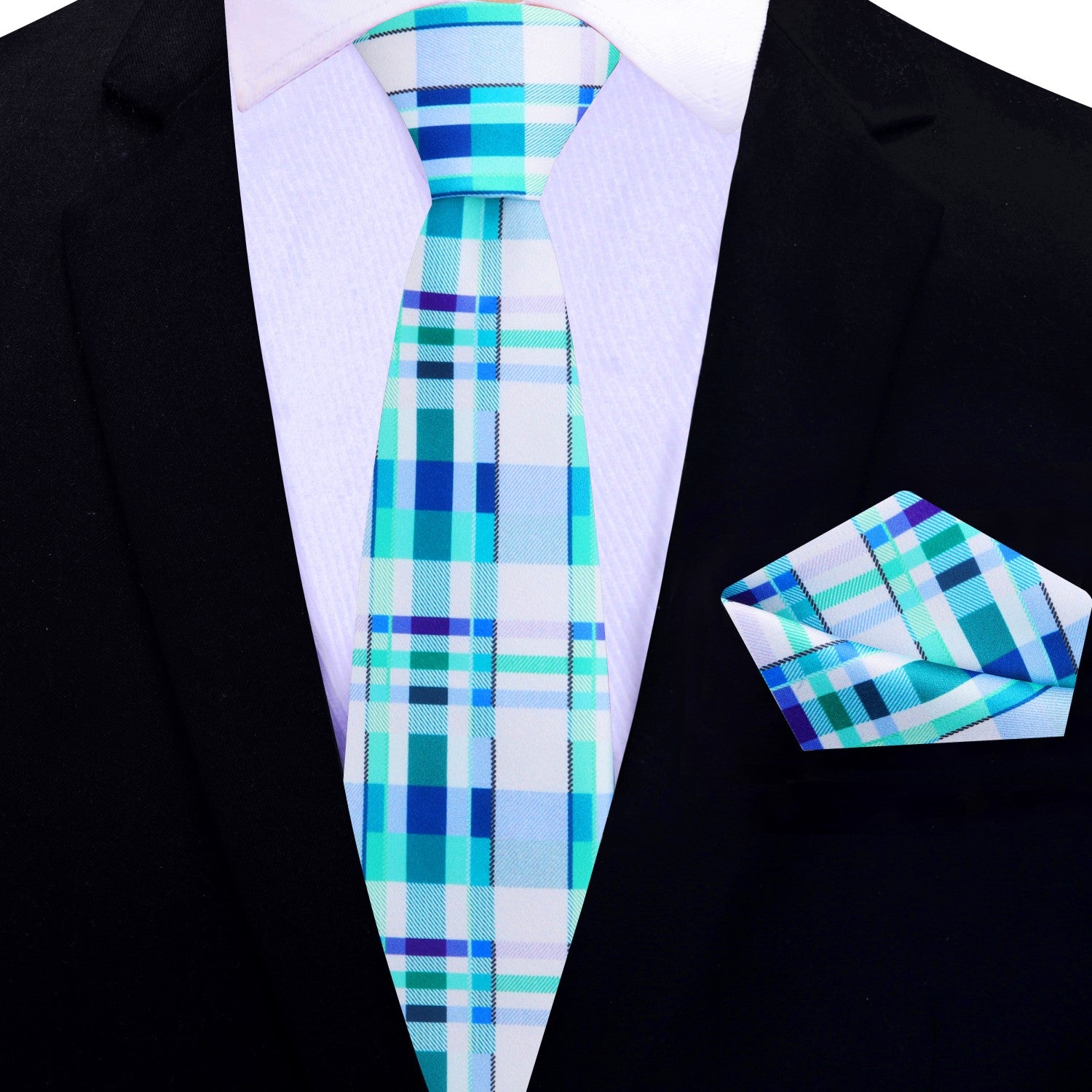 Thin Tie: White, Light Blue, Light Green Plaid Tie and Pocket Square