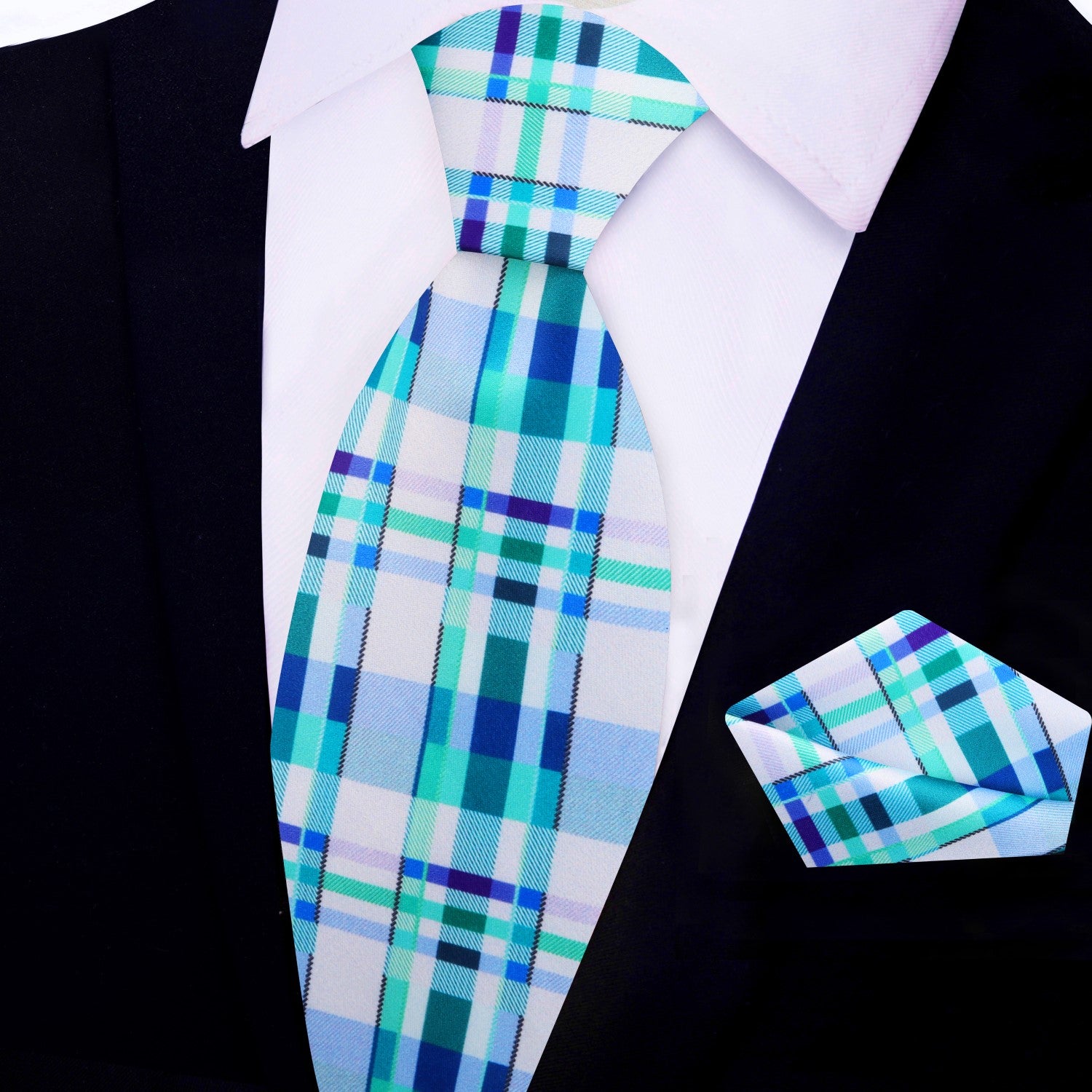 White, Light Blue, Light Green Plaid Tie and Pocket Square