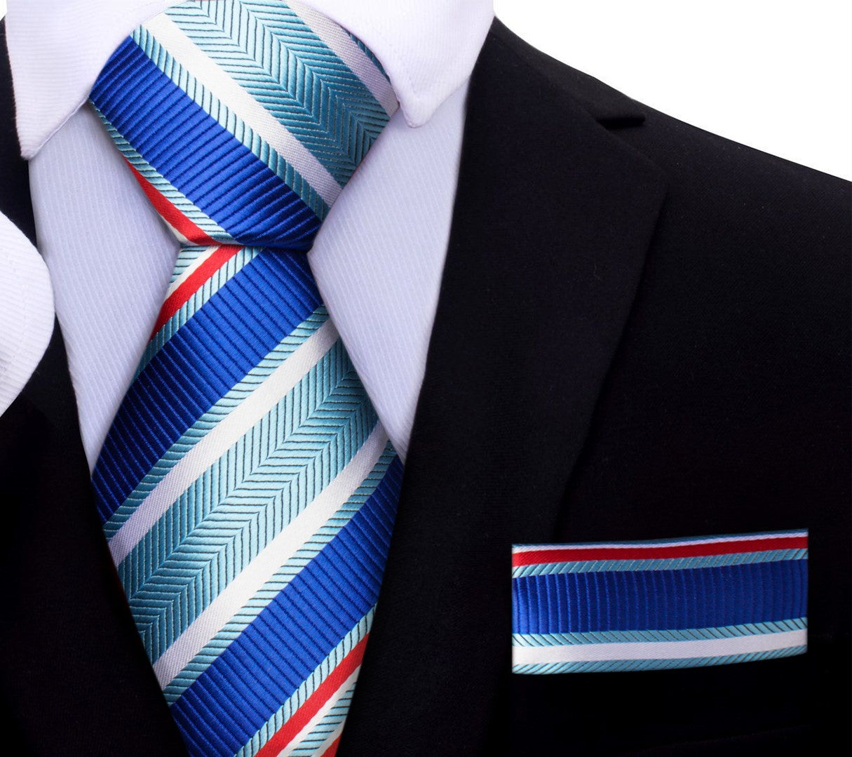 A Blue, Light Blue, Orange Stripe Pattern Silk Necktie, Matching Pocket Square