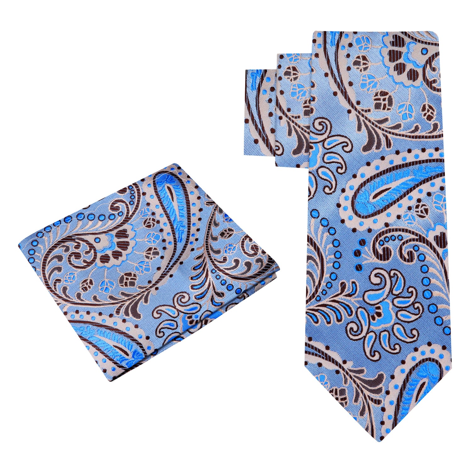 Alt View: A Light Blue, Brown Paisley Pattern Silk Necktie, Matching Pocket Square