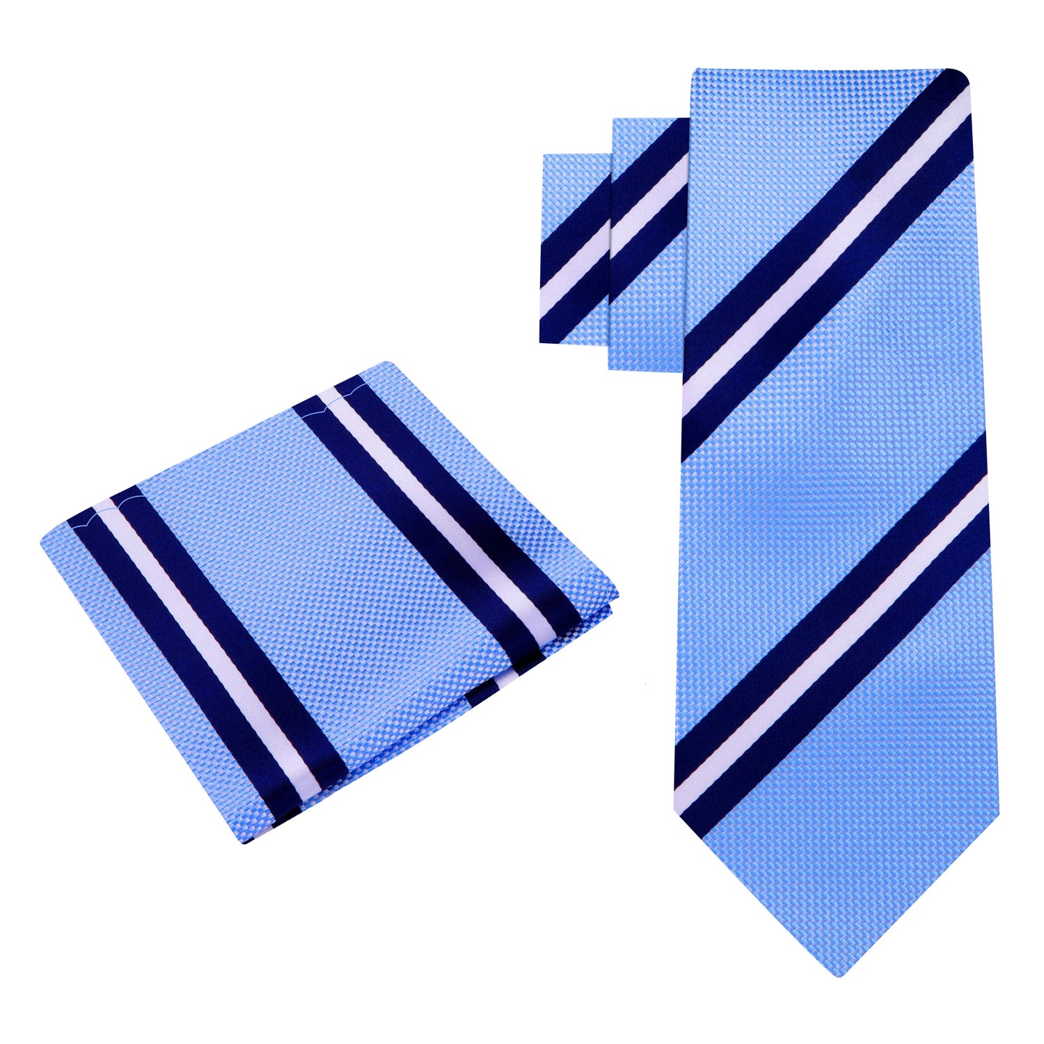 Alt View: Light Blue, Dark Blue and White Stripe Tie and Pocket Square