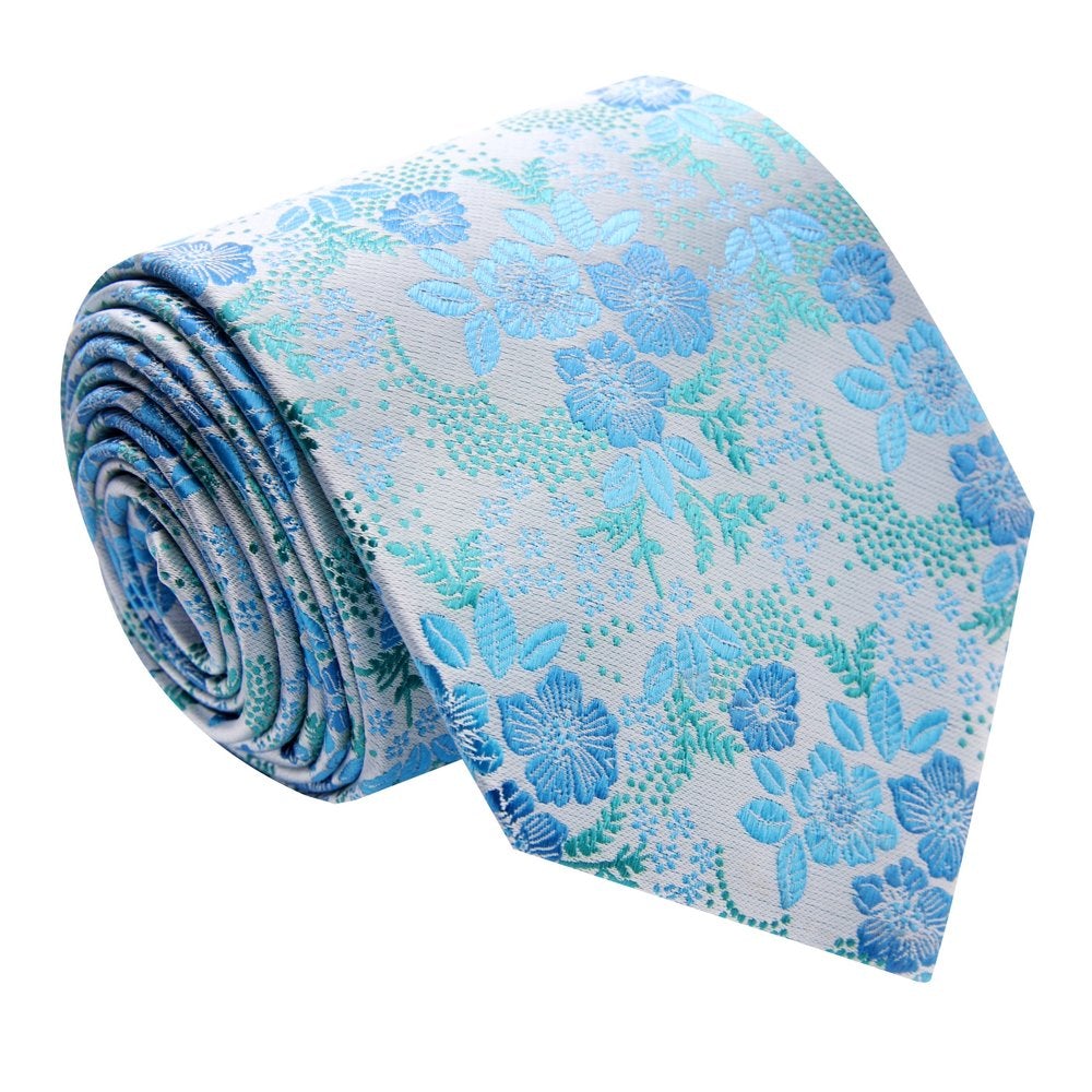 A Light Blue, Green, Blue Floral Pattern Necktie 