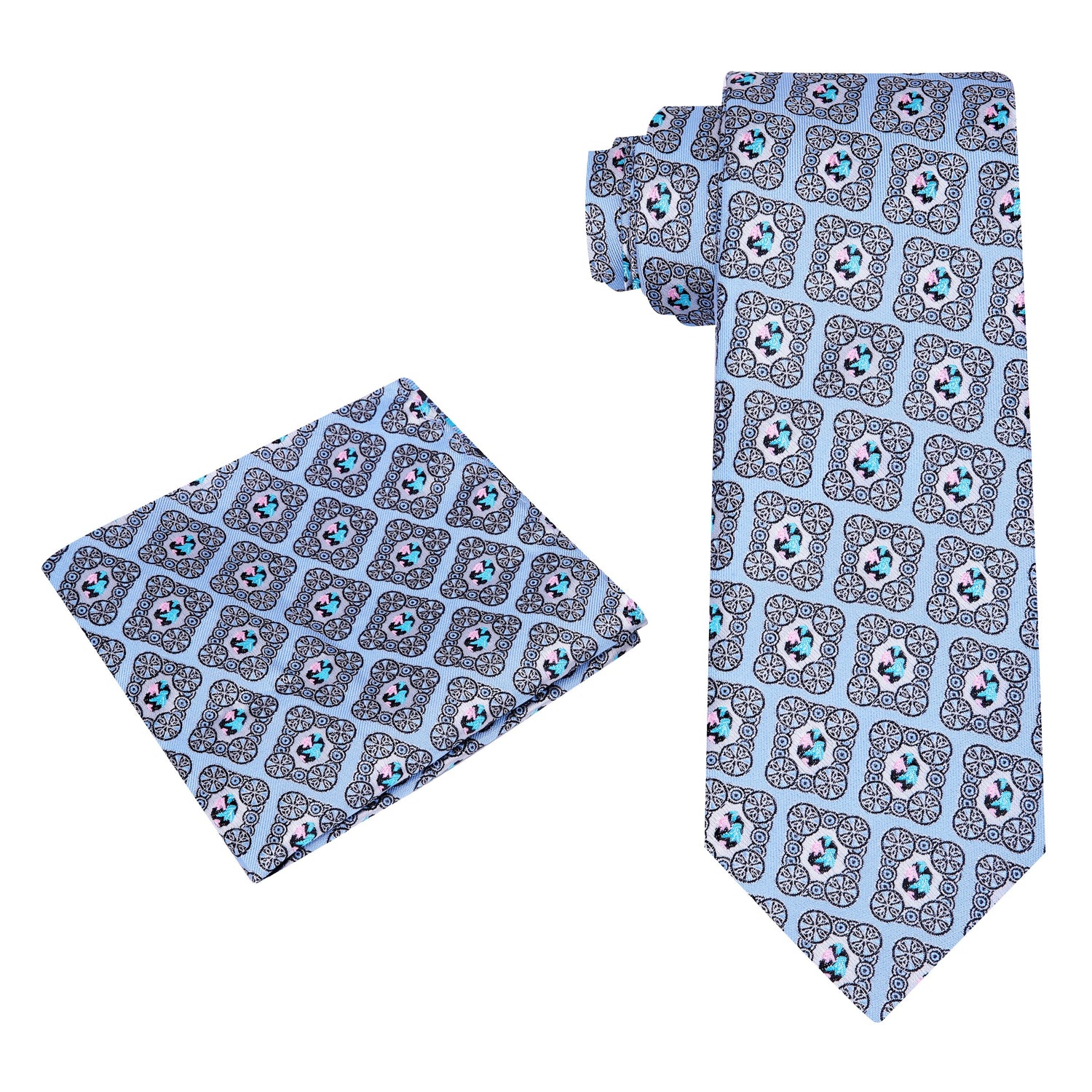View 2: A Blue, Light Pink, Black Color Geometric Diamond Pattern Silk Necktie, Pocket Square