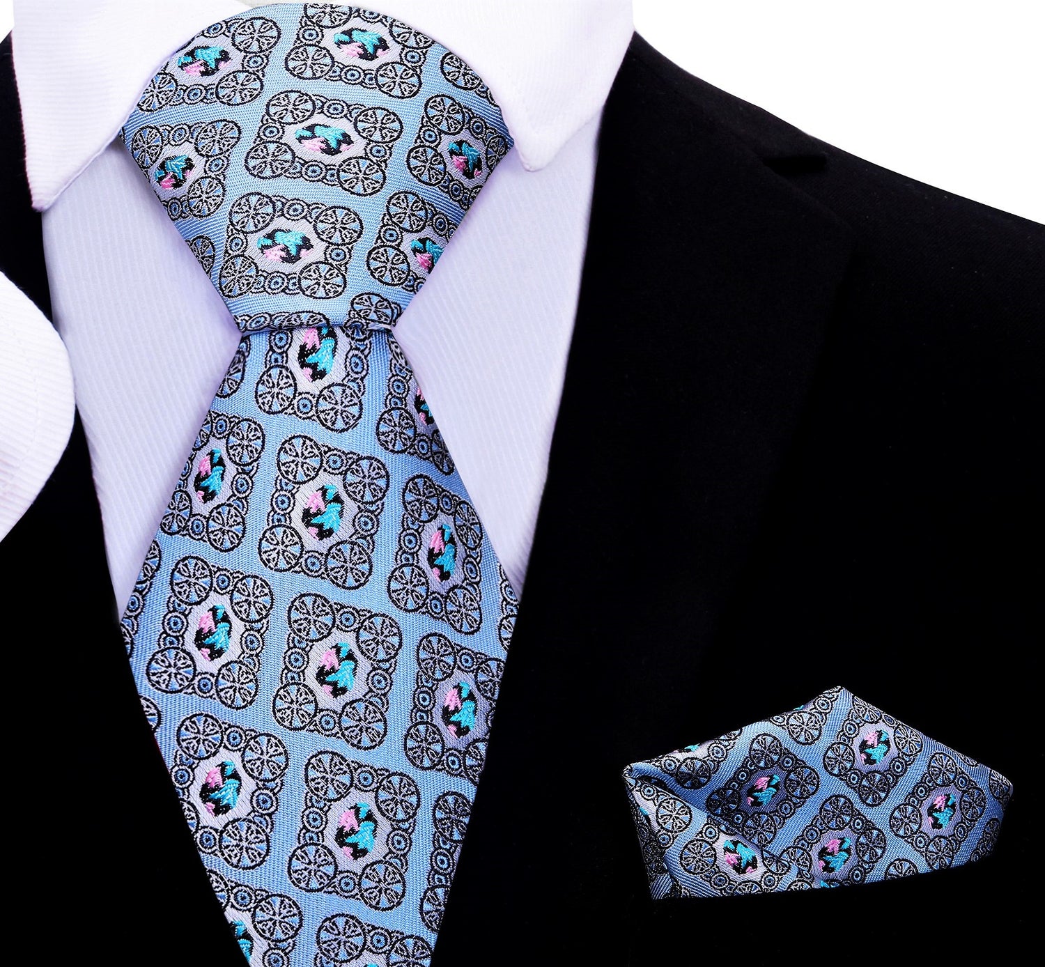 A Blue, Light Pink, Black Color Geometric Diamond Pattern Silk Necktie, Pocket Square