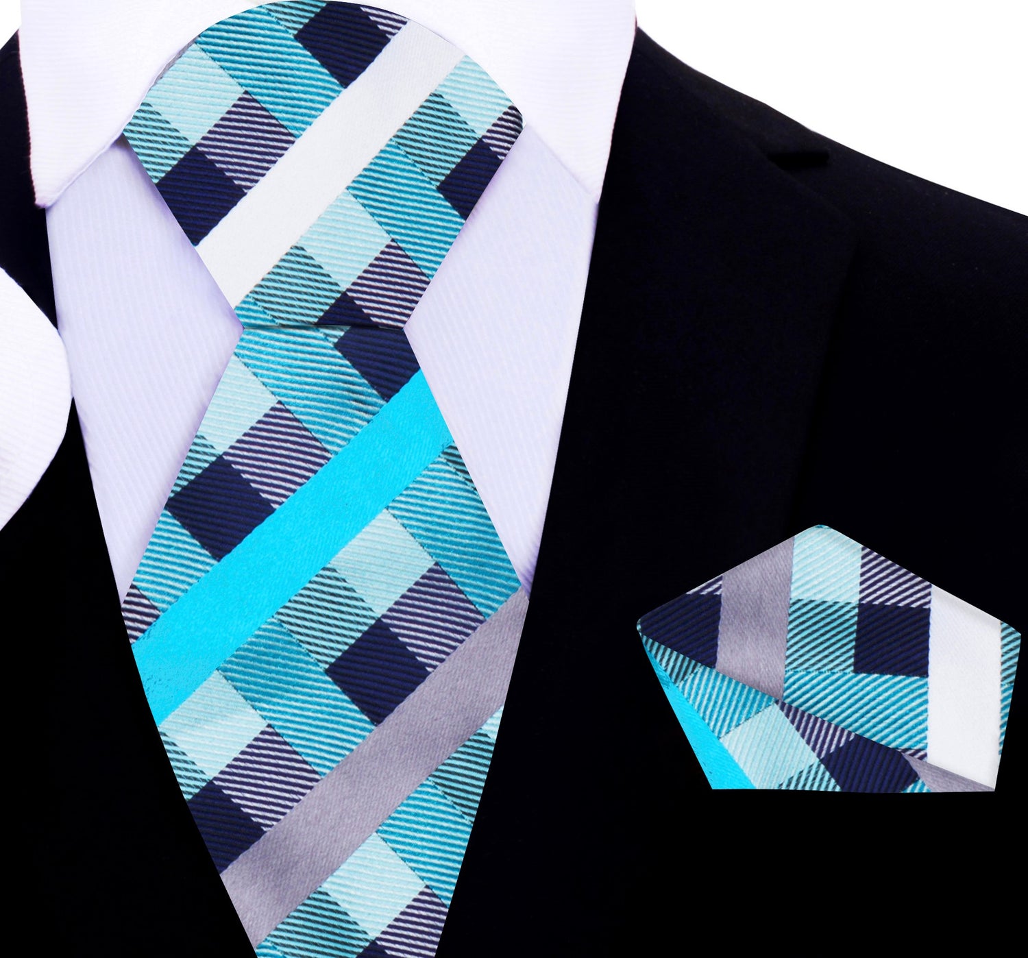 Light Blue, Silver Check Tie and Pocket Square