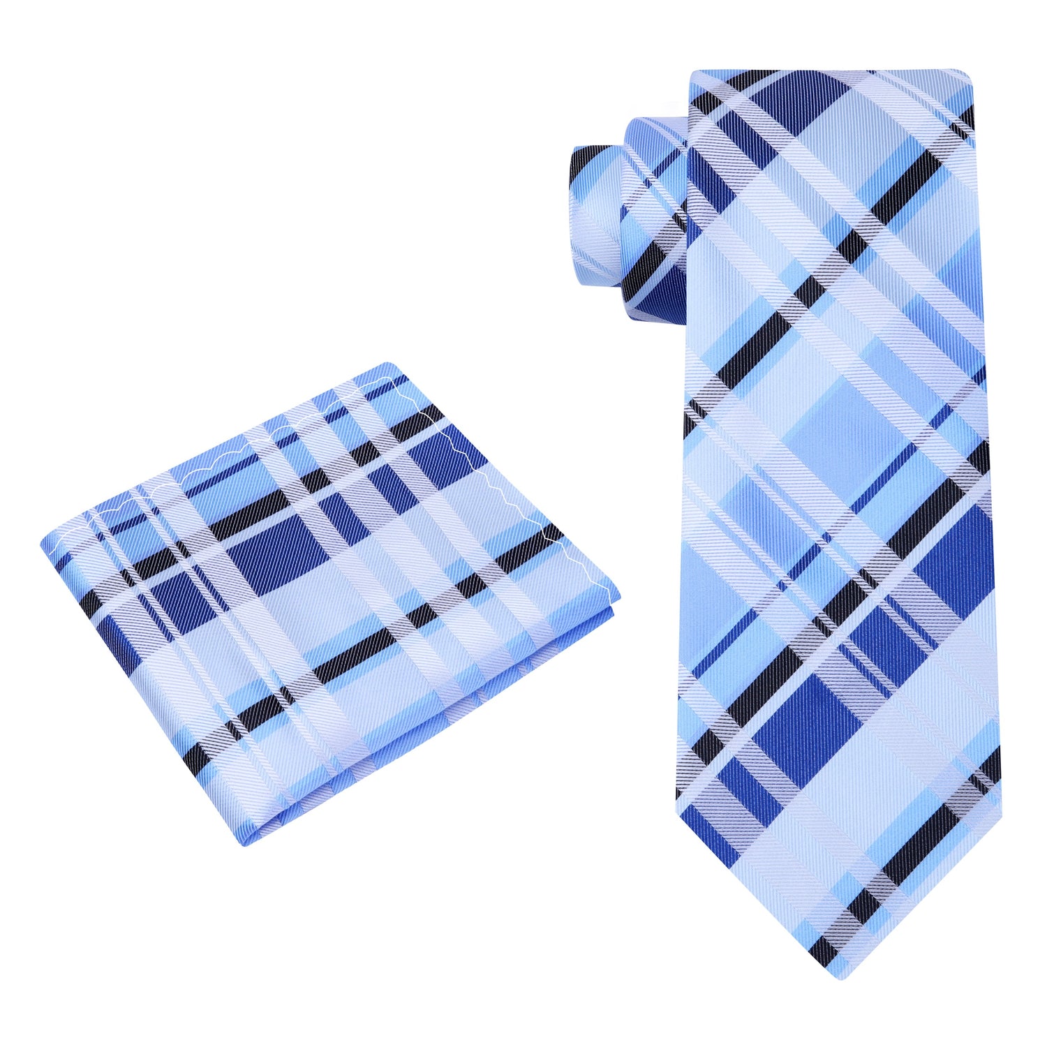 Alt View: A Blue Light Blue, Ice Blue Plaid Pattern Silk Necktie, Pocket Square