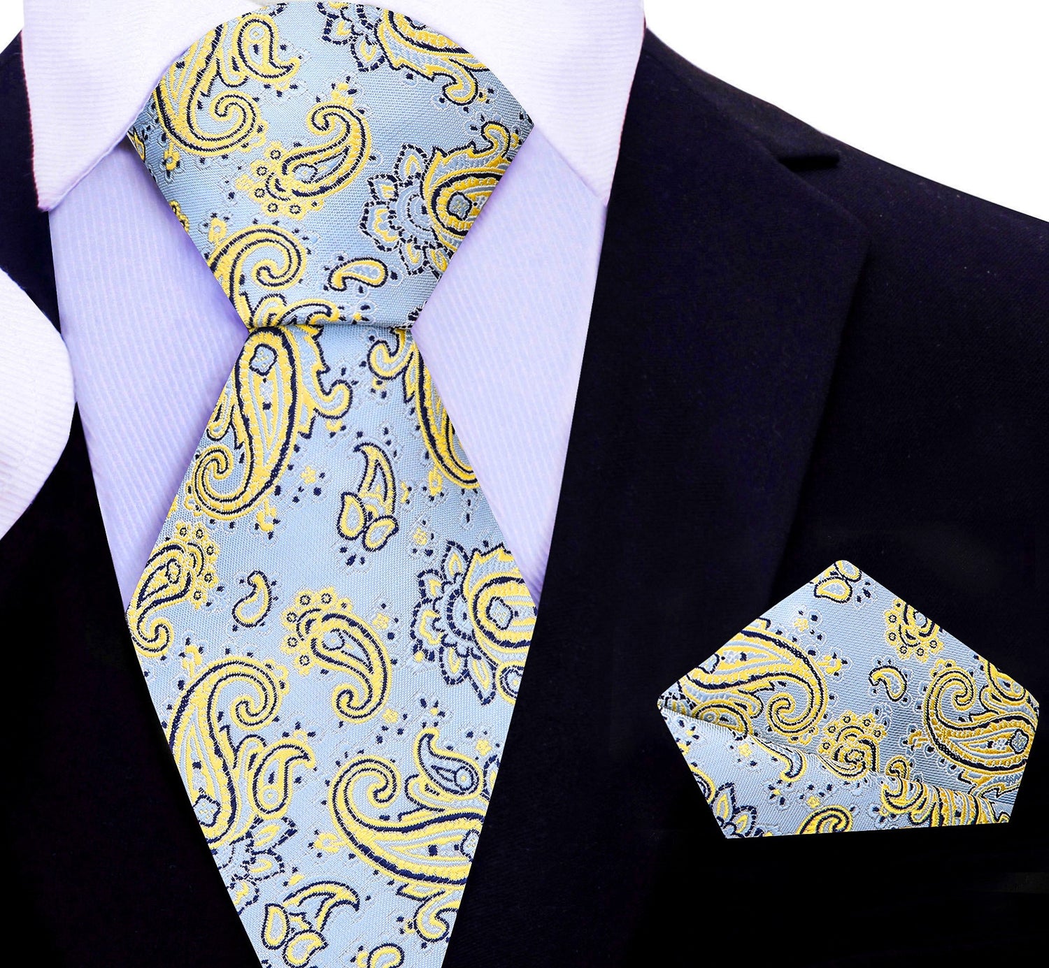 A Light Blue, Light Gold Paisley Pattern Silk Necktie, Matching Pocket Square