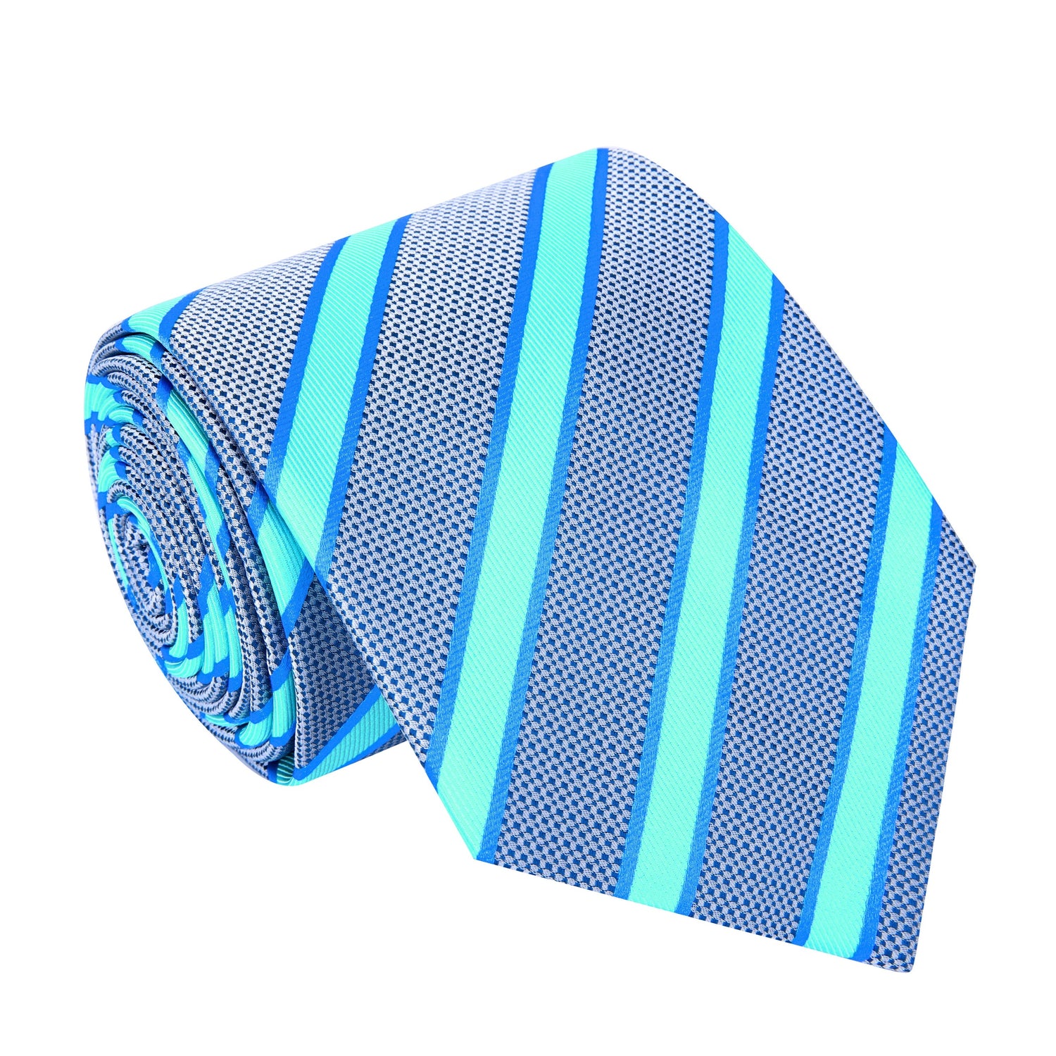 A Bright Blue, Grey Stripe Pattern Silk Necktie 