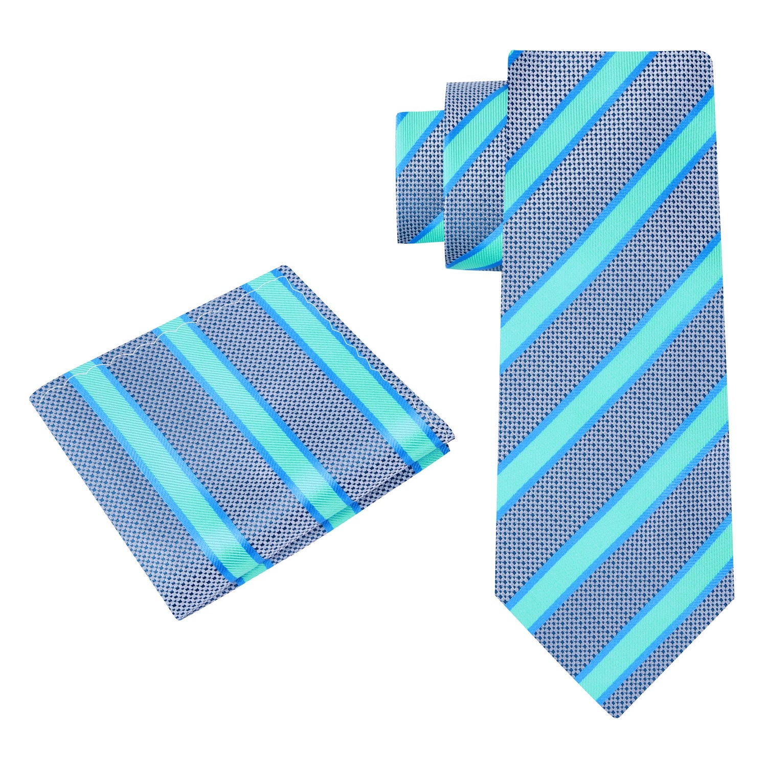 Alt View: A Bright Blue, Grey Stripe Pattern Silk Necktie, Pocket Square