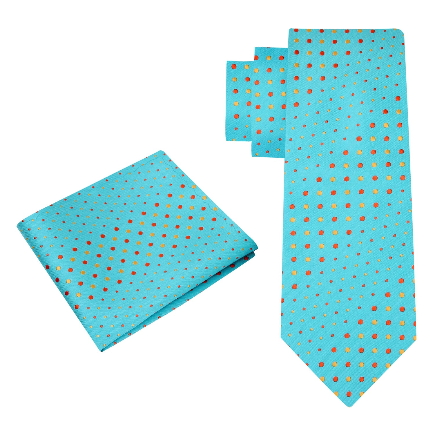 Alt View: A Light Blue, Orange, Yellow Polka Dot Pattern Silk Necktie, Matching Pocket Square