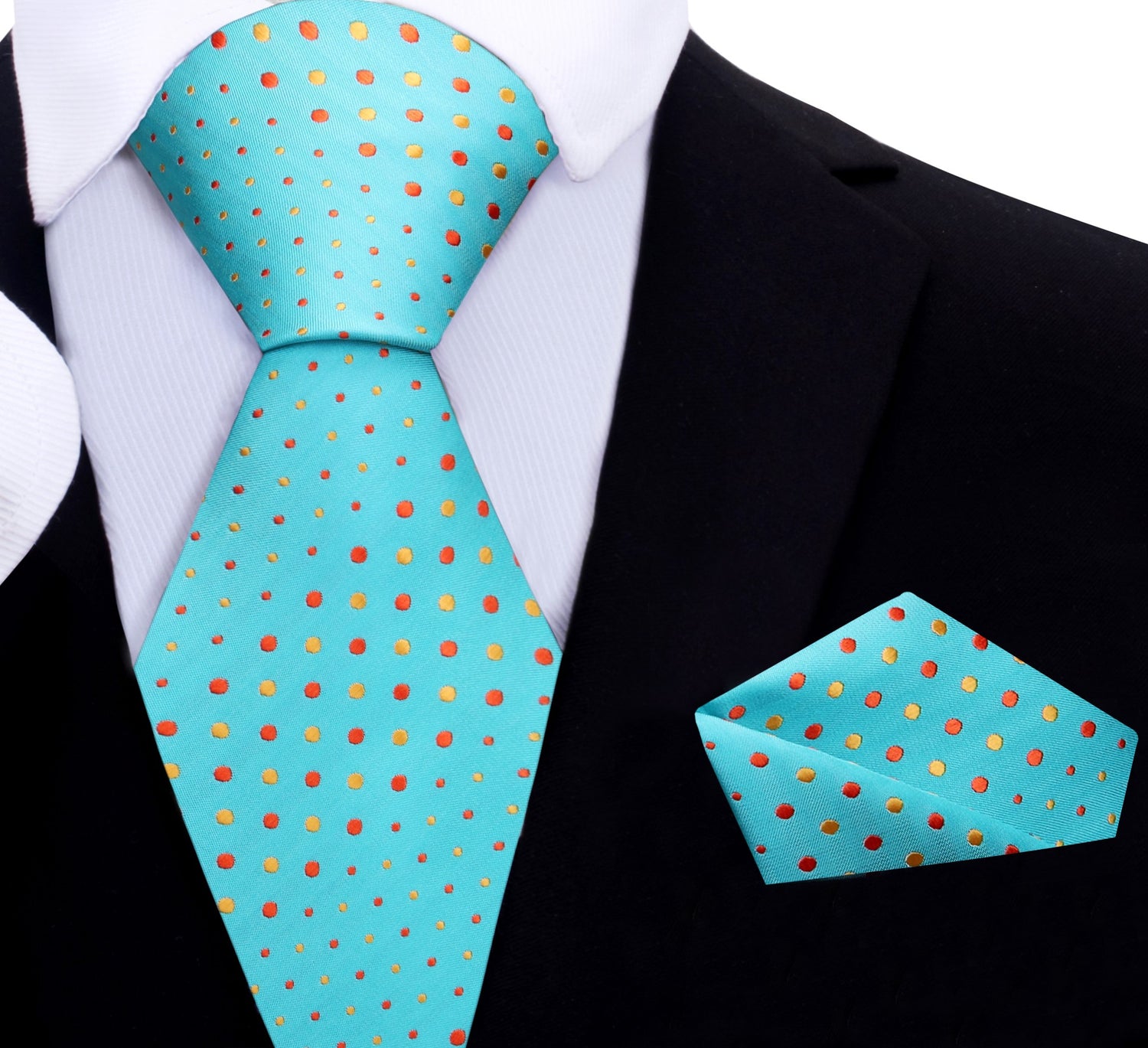 A Light Blue, Orange, Yellow Polka Dot Pattern Silk Necktie, Matching Pocket Square