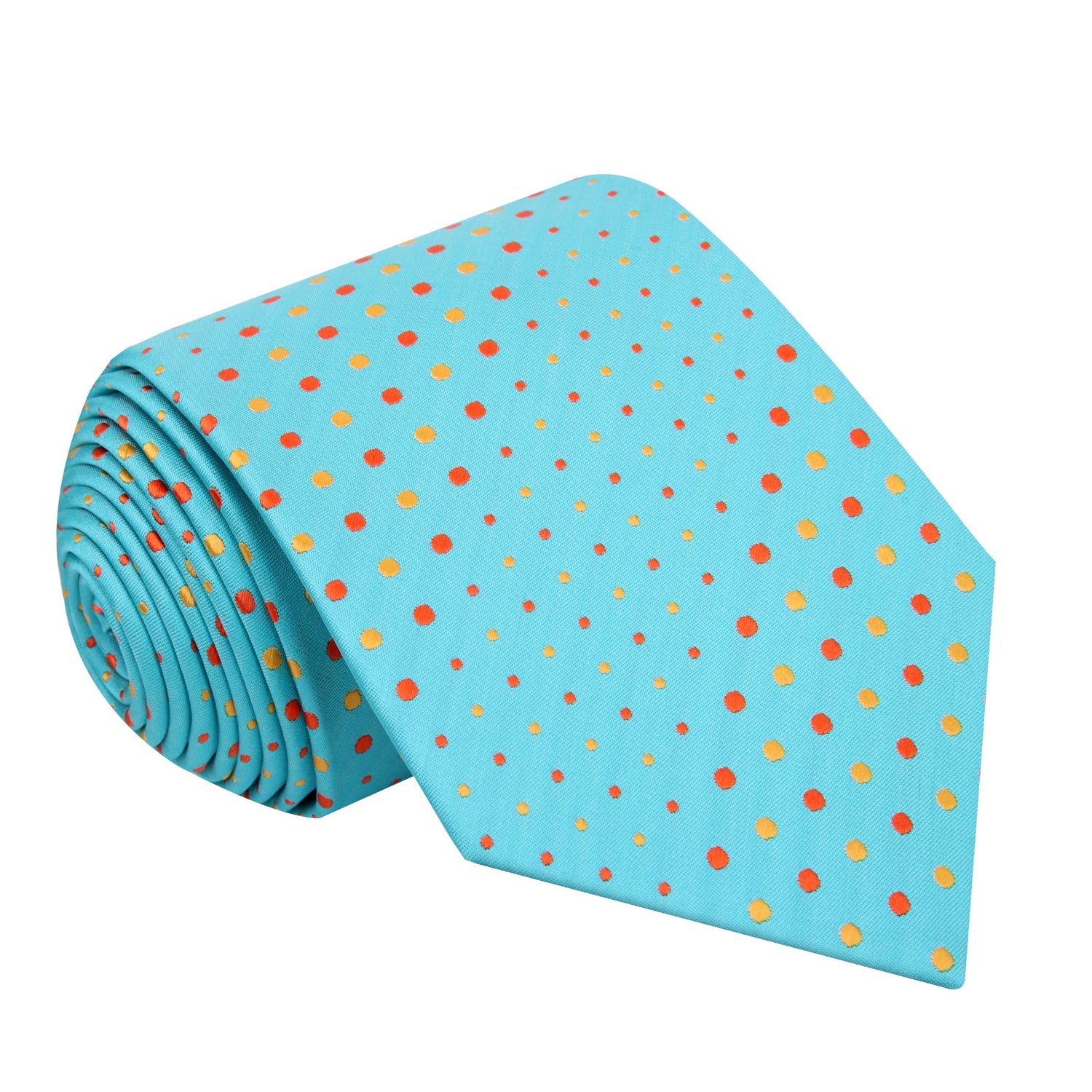 A Light Blue, Orange, Yellow Polka Dot Pattern Silk Necktie 