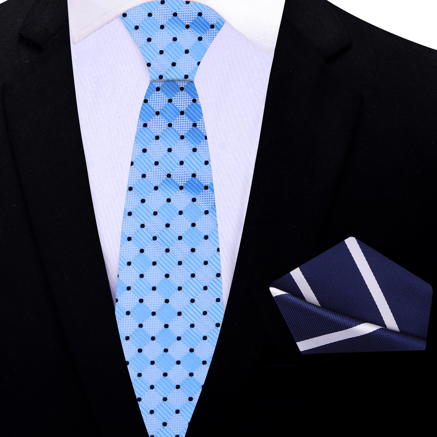 Thin Tie: Blue, Black Geometric Necktie with Blue, White Stripe Square