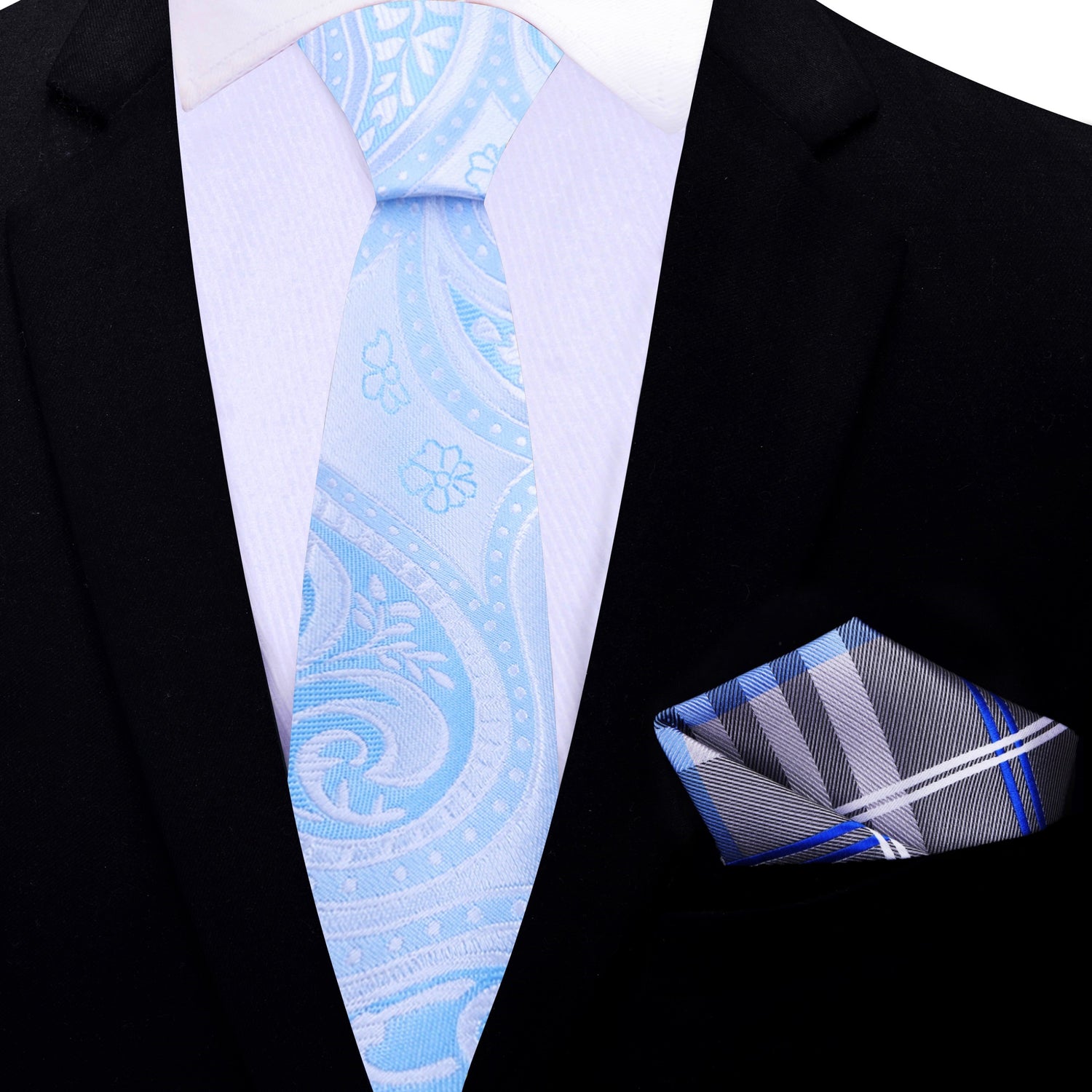 Thin Tie: Light Blue Paisley Necktie and Accenting Grey, Blue Plaid Square