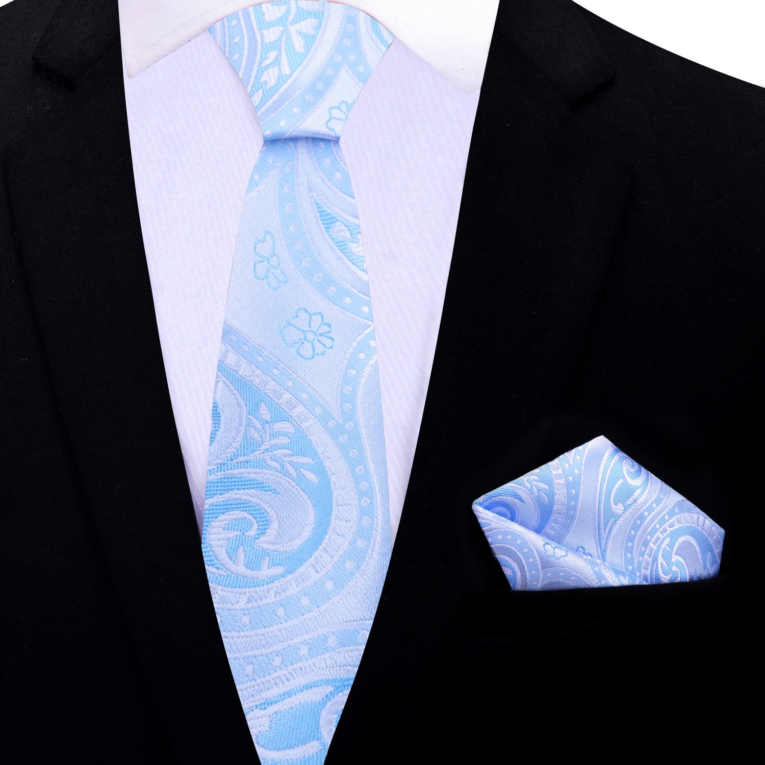 Thin Tie: Light Blue Paisley Necktie and Matching Square