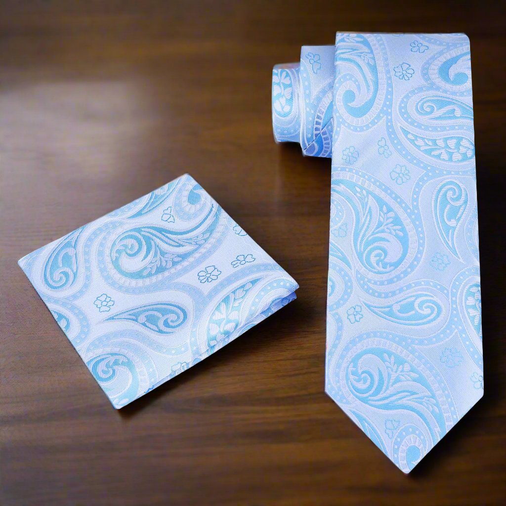 Alt View: Light Blue Paisley Necktie and Matching Square