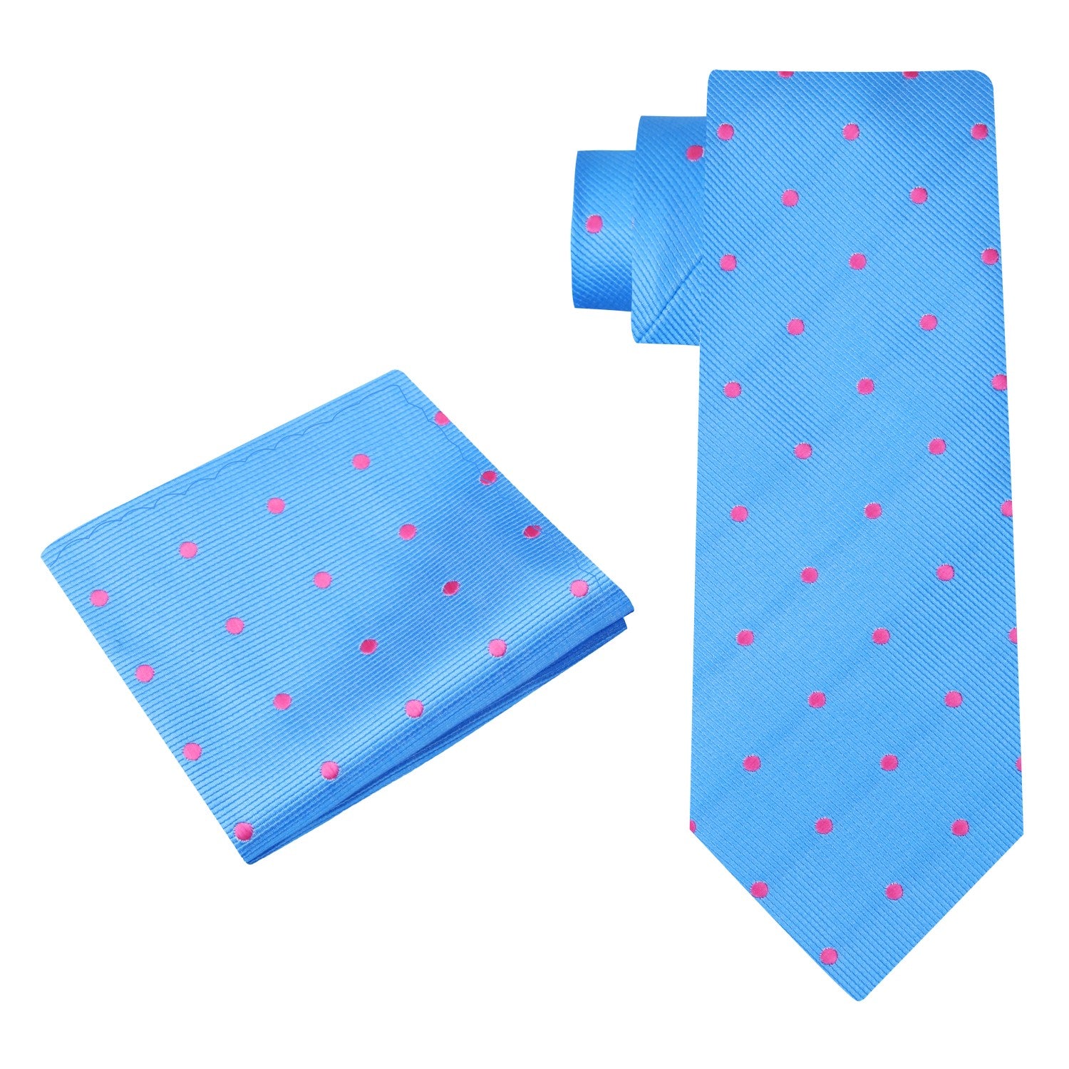 Alt View: A Light Blue, Pink Small Polka Dots Pattern Silk Necktie, Matching Pocket Square
