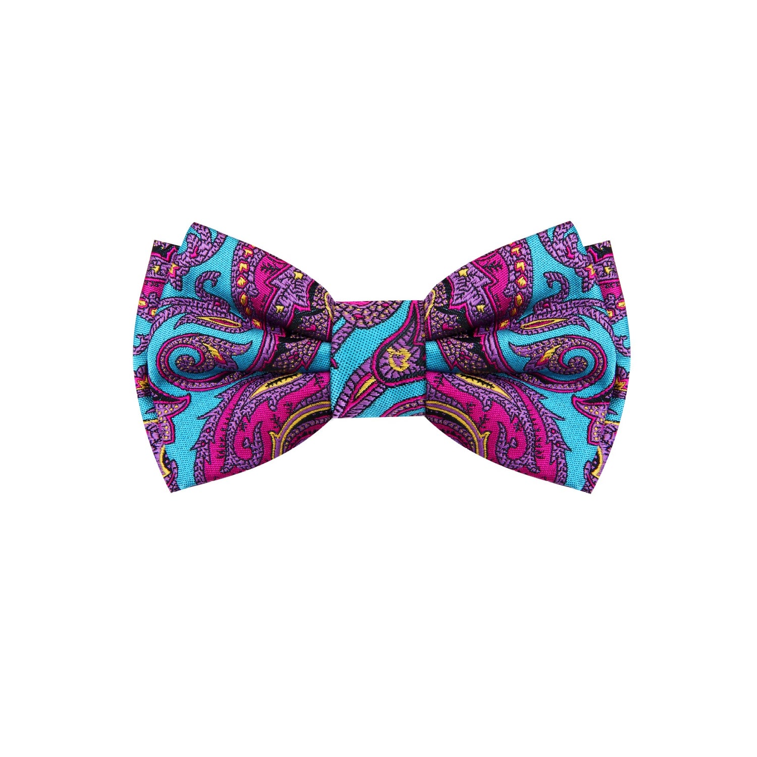A Light Teal, Pink Yellow Color Intricate Paisley Pattern Silk Kids Pre-Tied Bow Tie 