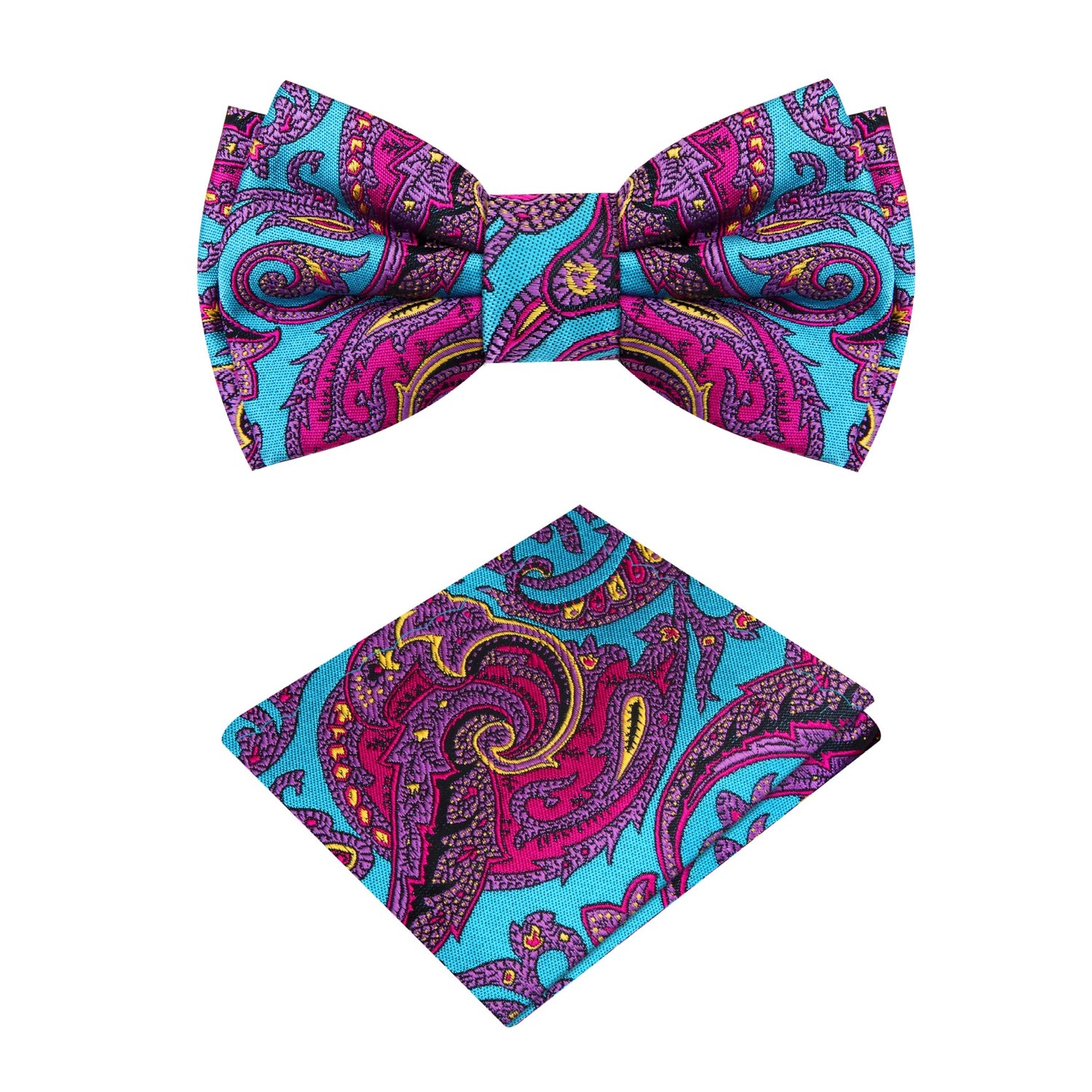A Light Blue, Pink Detailed Paisley Pattern Silk Self Tie Bow Tie, Matching Pocket Square