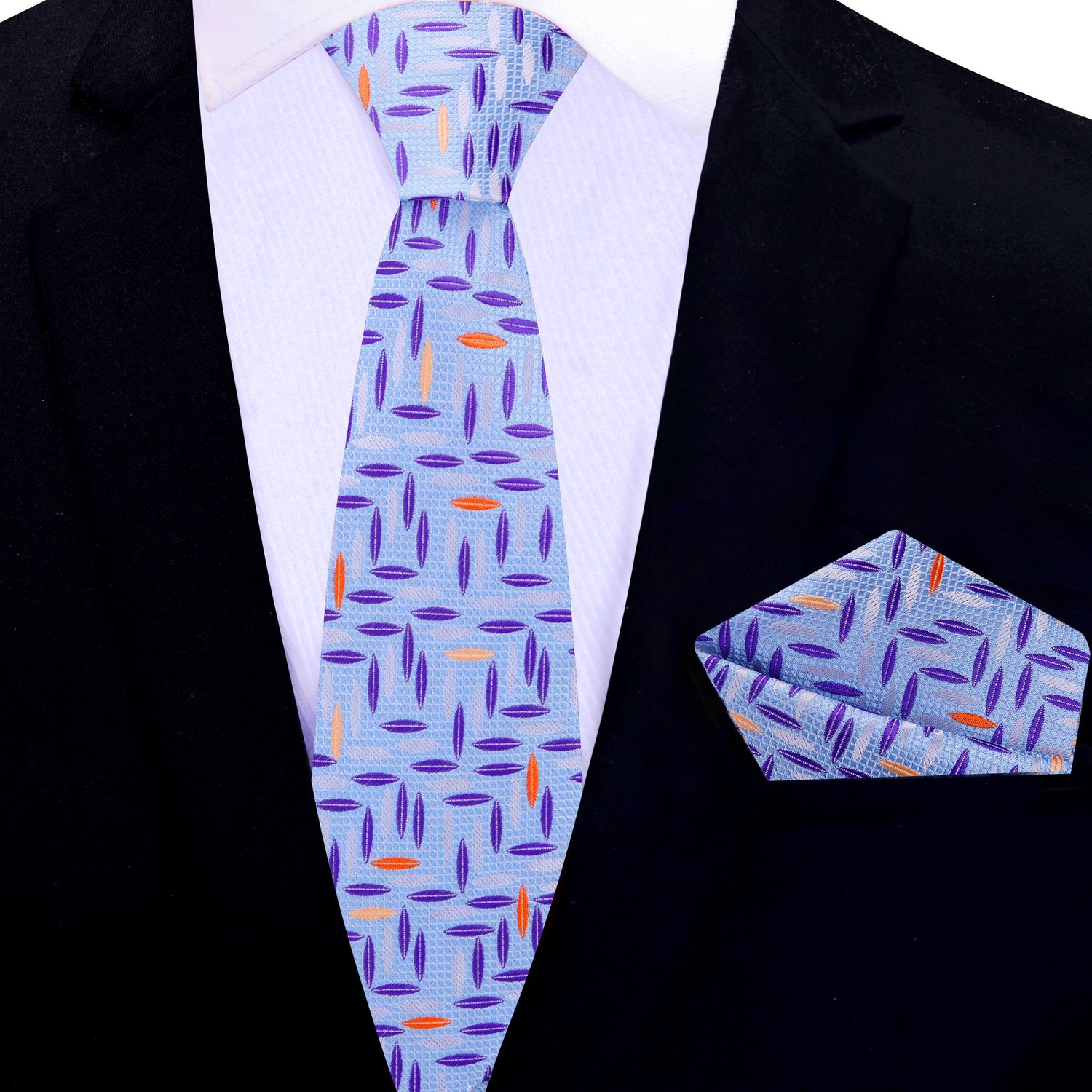 Light Blue, Purple, Orange Abstract Thin Tie and Pocket Square
