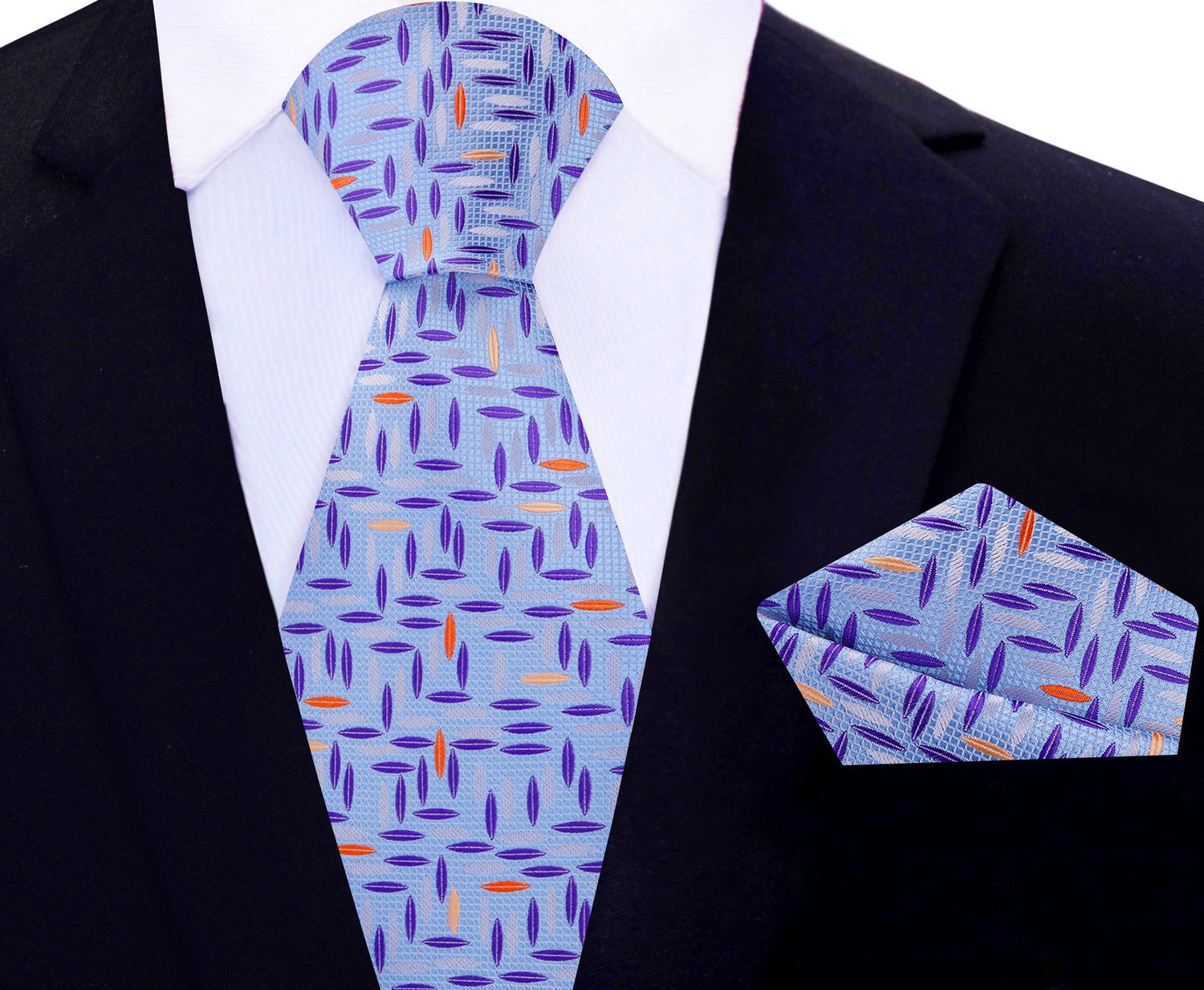 Main View: Light Blue, Purple, Orange Abstract Tie and Pocket Square
