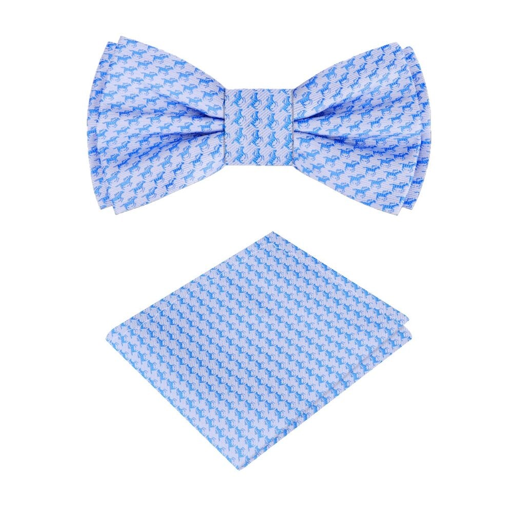 Light Blue Racehorses Bow Tie and Pocket Square