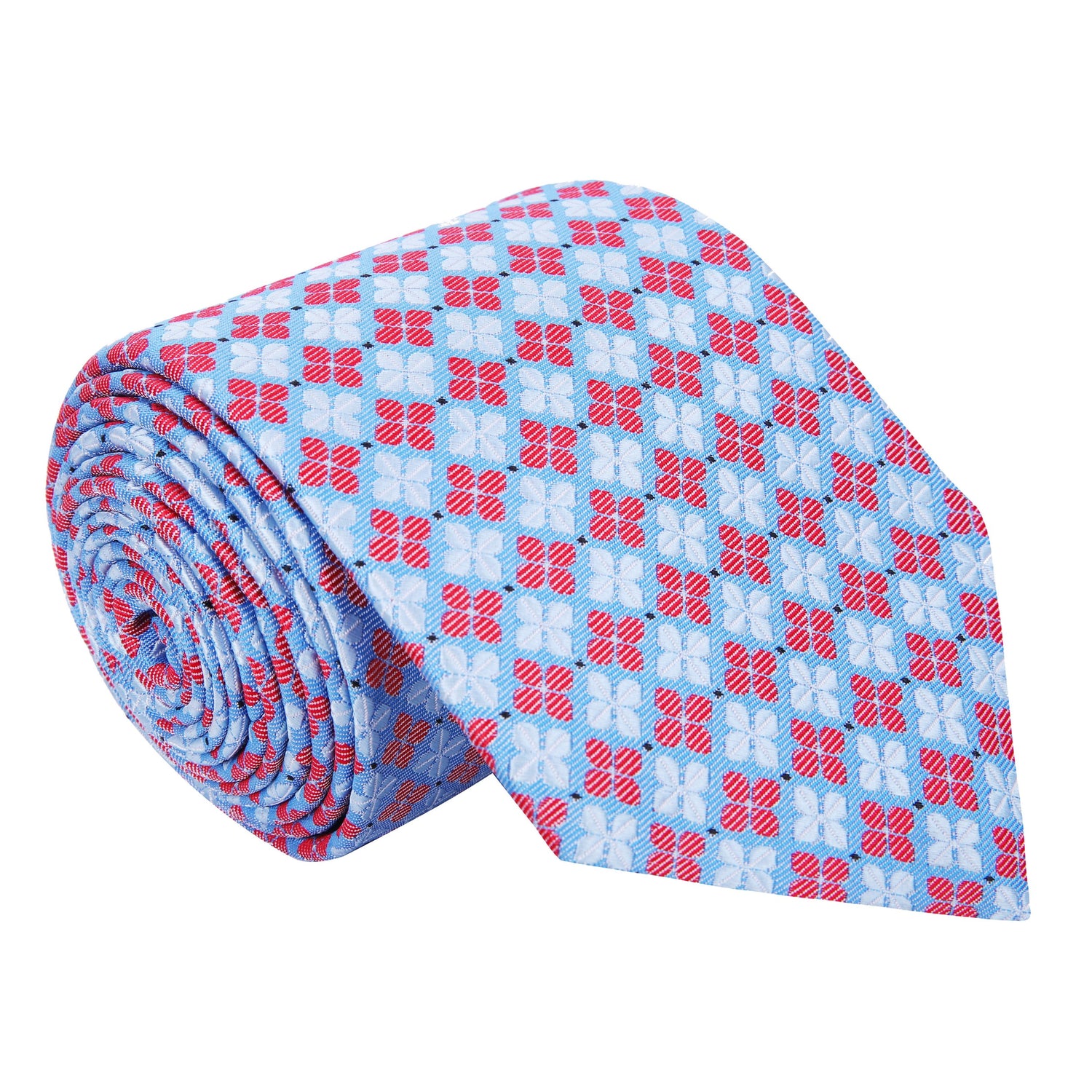 A Light Blue, Light Red Geometric Clover Pattern Silk Necktie 
