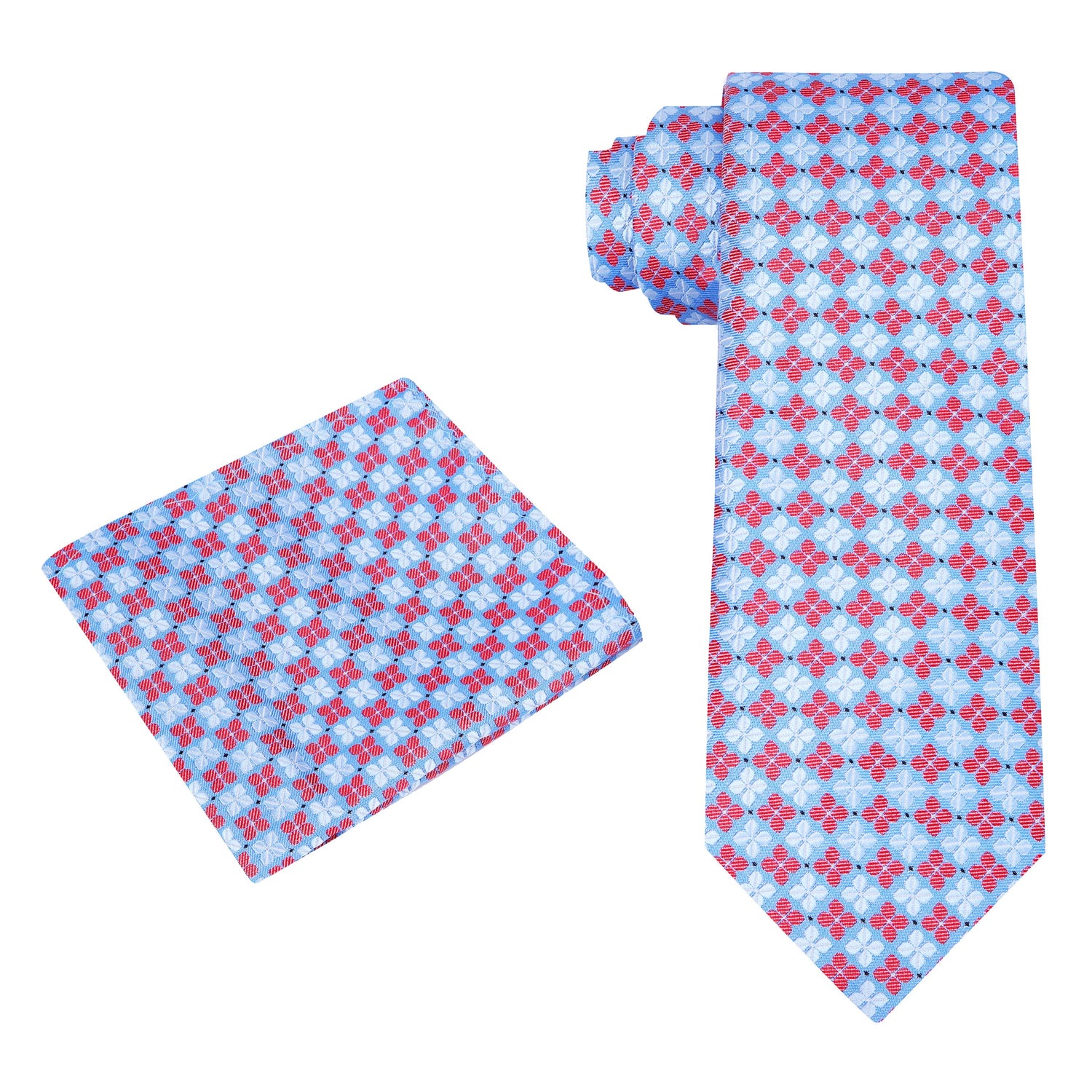Alt View: A Light Blue, Light Red Geometric Clover Pattern Silk Necktie, Pocket Square
