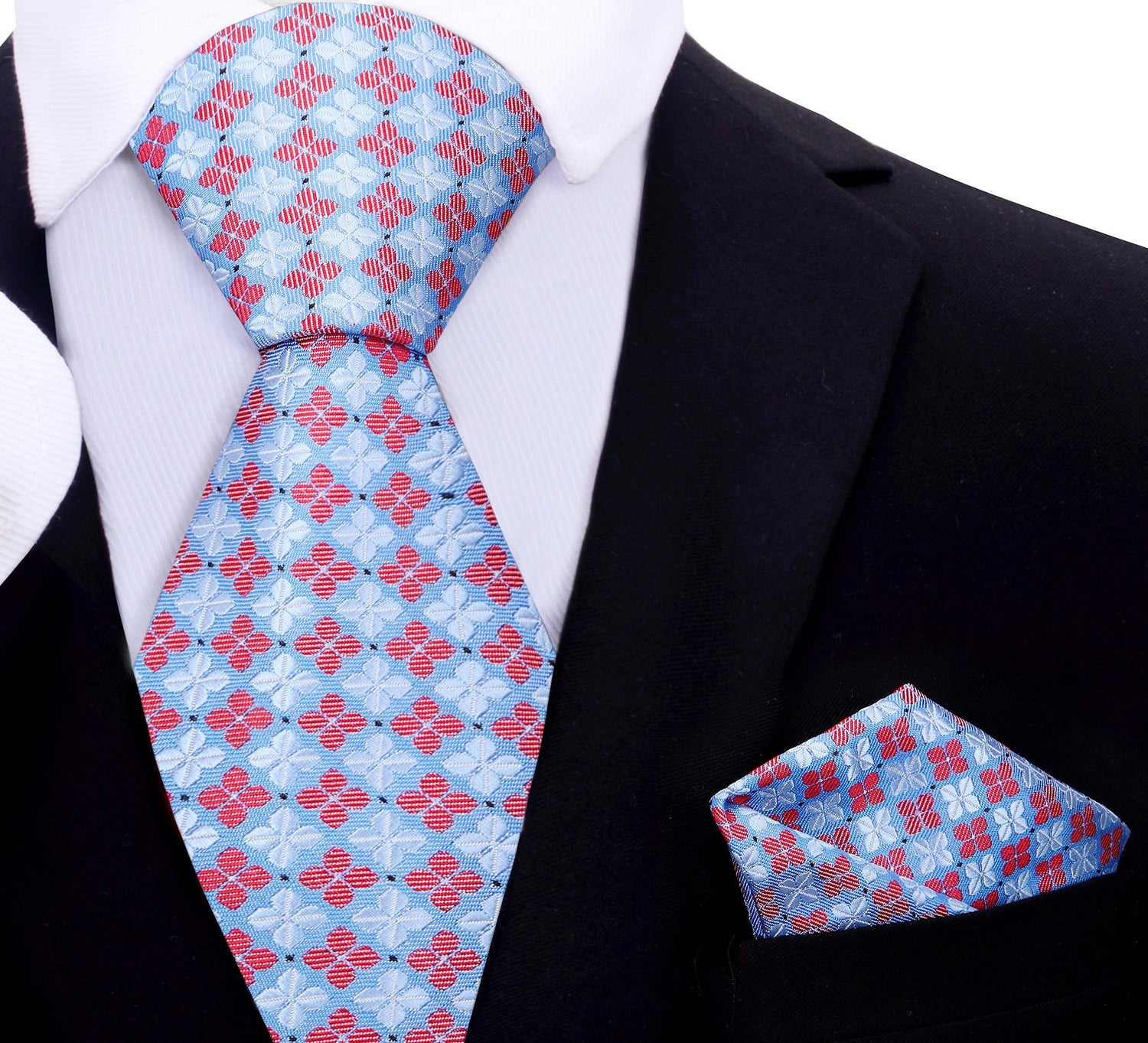A Light Blue, Light Red Geometric Clover Pattern Silk Necktie, Pocket Square