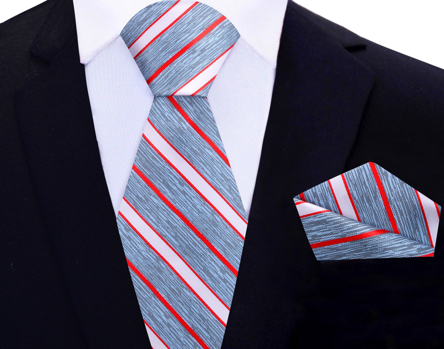 View 3:  Blue, Red Stripe Tie and Pocket Square