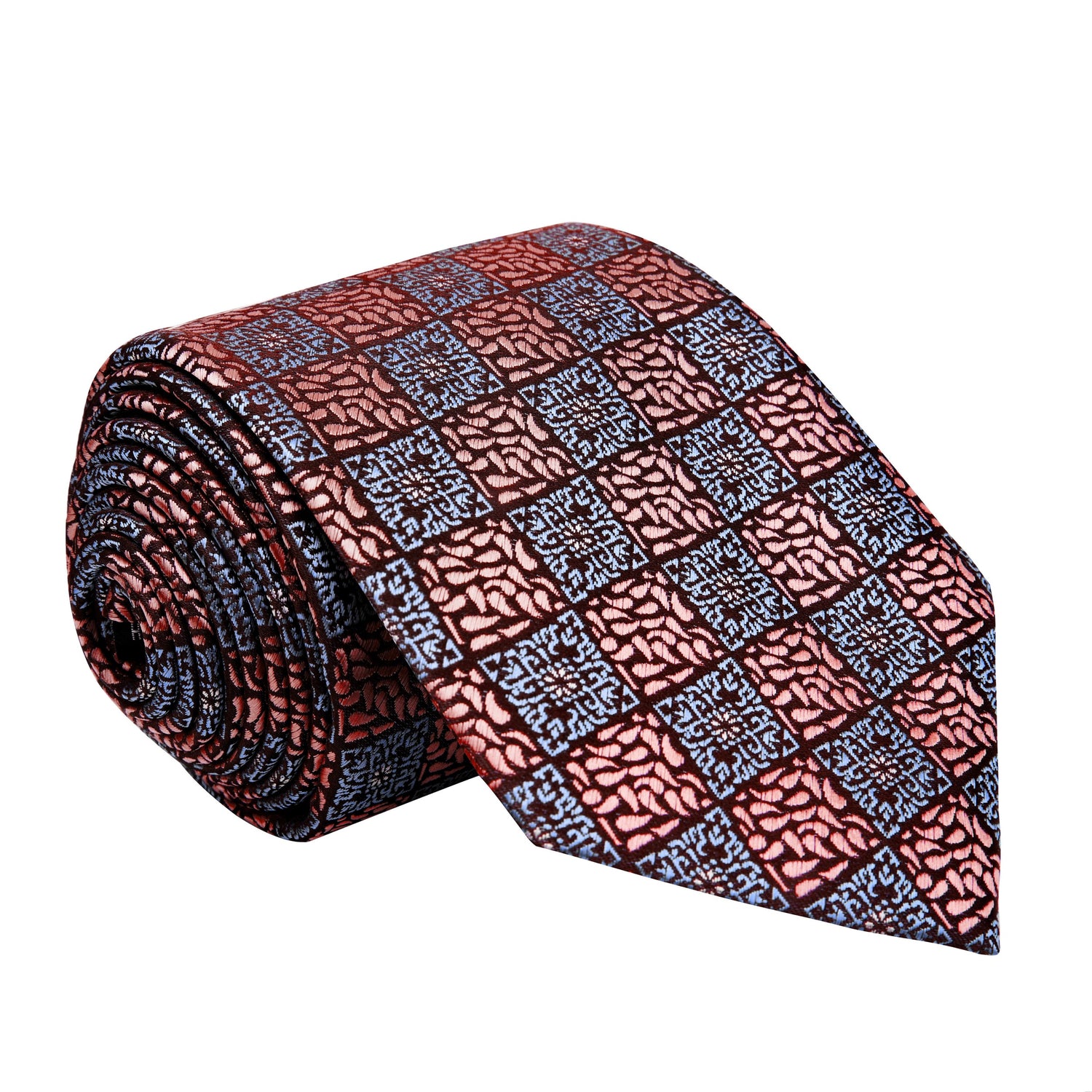 View 3: A Rose Gold And Grey Geometric With Paisley Pattern Silk Necktie.