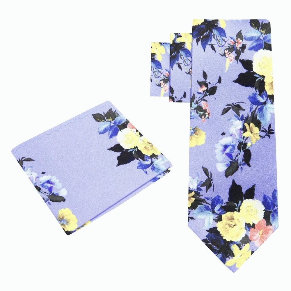 self tie A Indigo, Blue, And Yellow Floral Pattern Silk Necktie With Matching Pocket Square