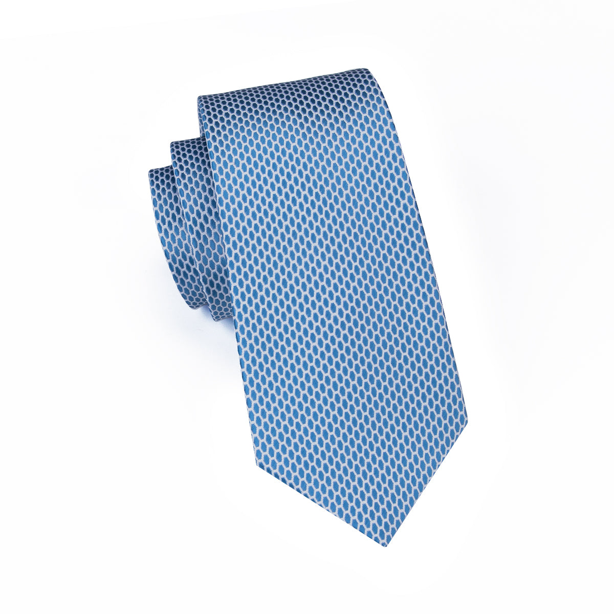 A Light Blue, White Geometric Oval Shaped Pattern Silk Necktie 