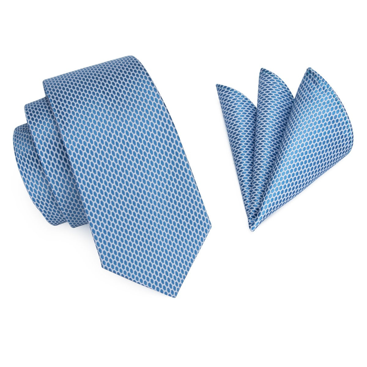 Alt View: A Light Blue, White Geometric Oval Shaped Pattern Silk Necktie, Matching Pocket Square