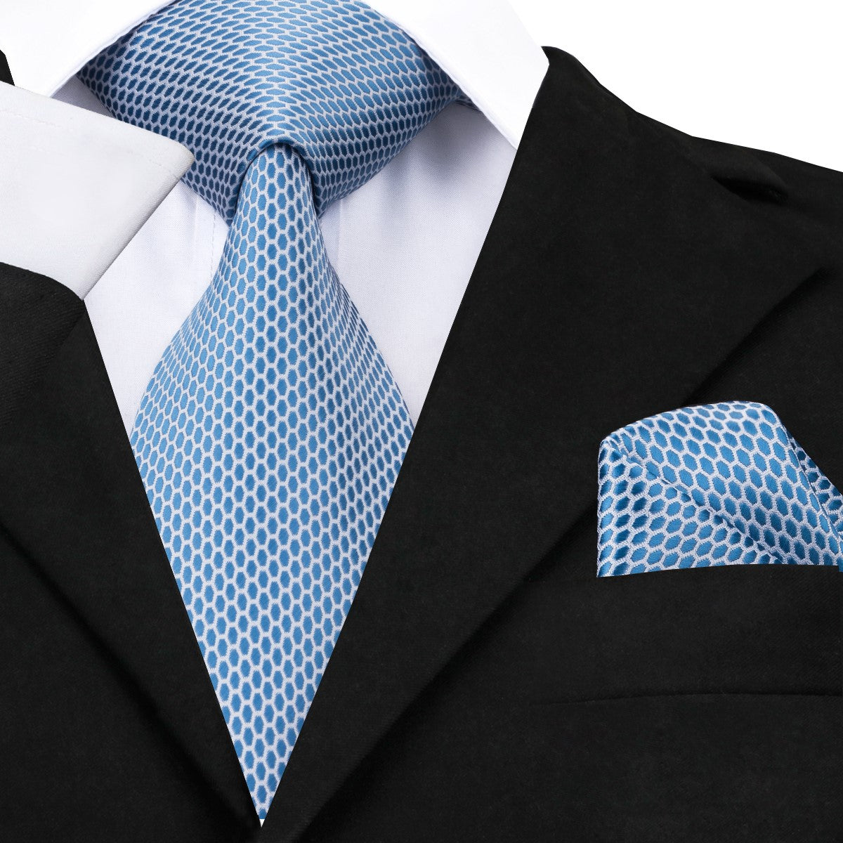 A Light Blue, White Geometric Oval Shaped Pattern Silk Necktie, Matching Pocket Square